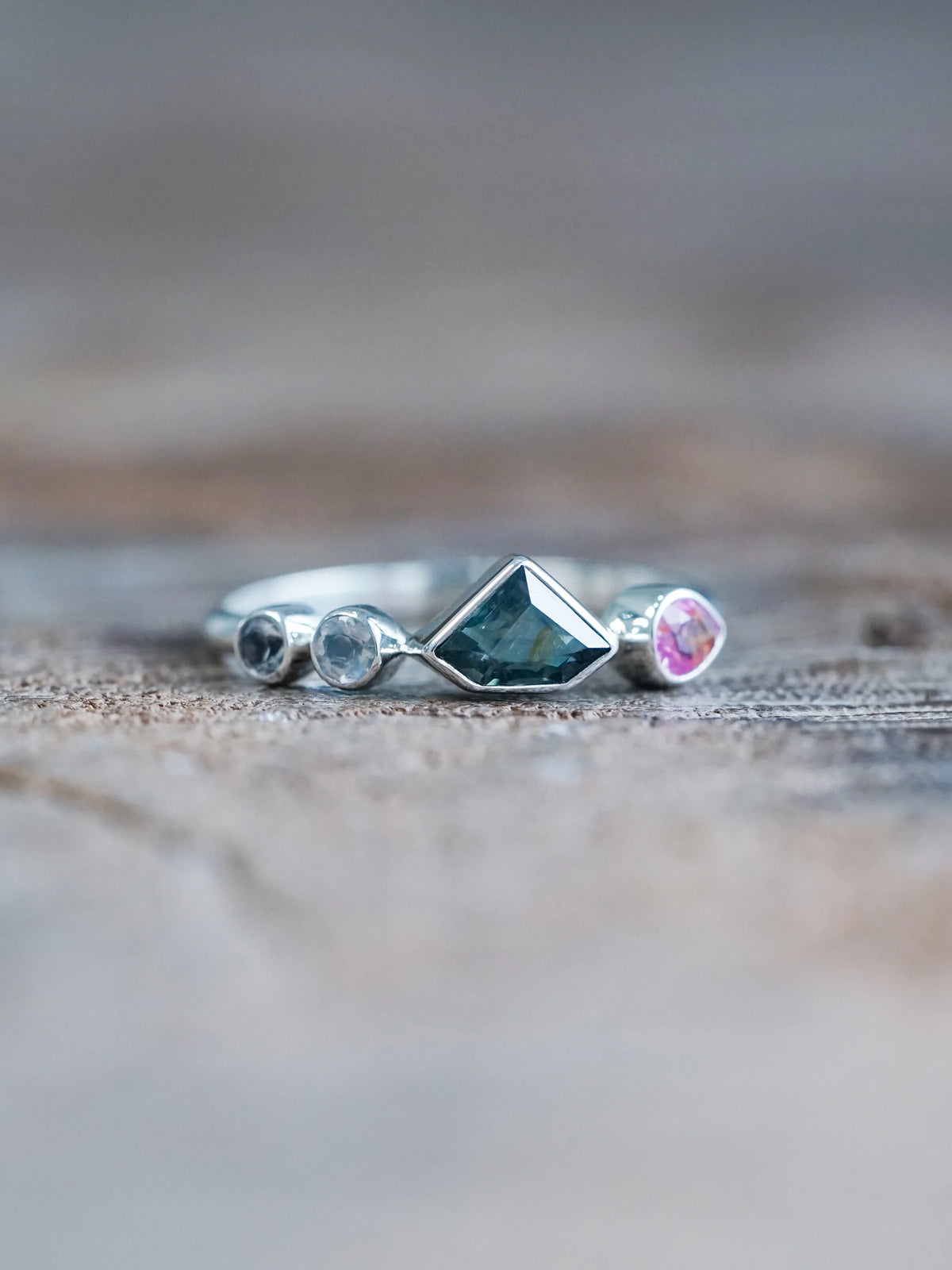 Silver Shield Sapphire and Moonstone Ring