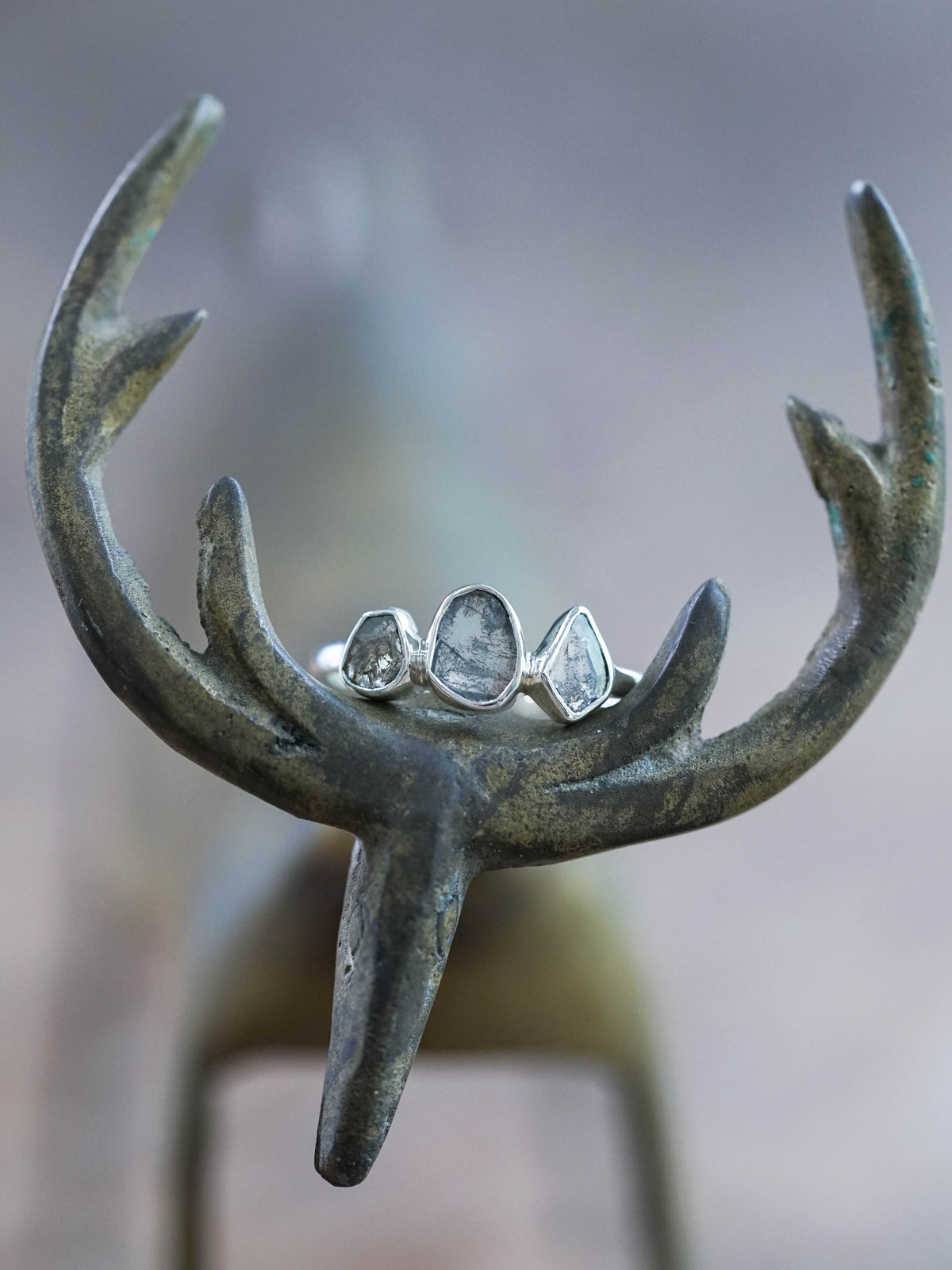 Silver Three Diamond Slice Engagement Ring