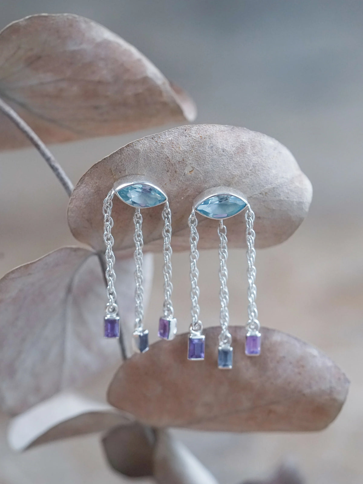 Silver Topaz and Sapphire Dangling Earrings
