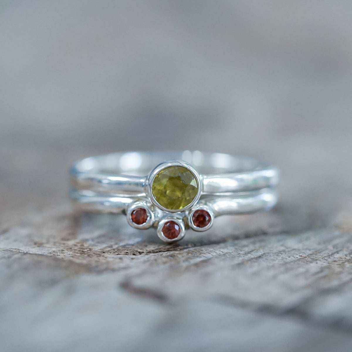 Sphene and Garnet Ring Set in recycled sterling silver