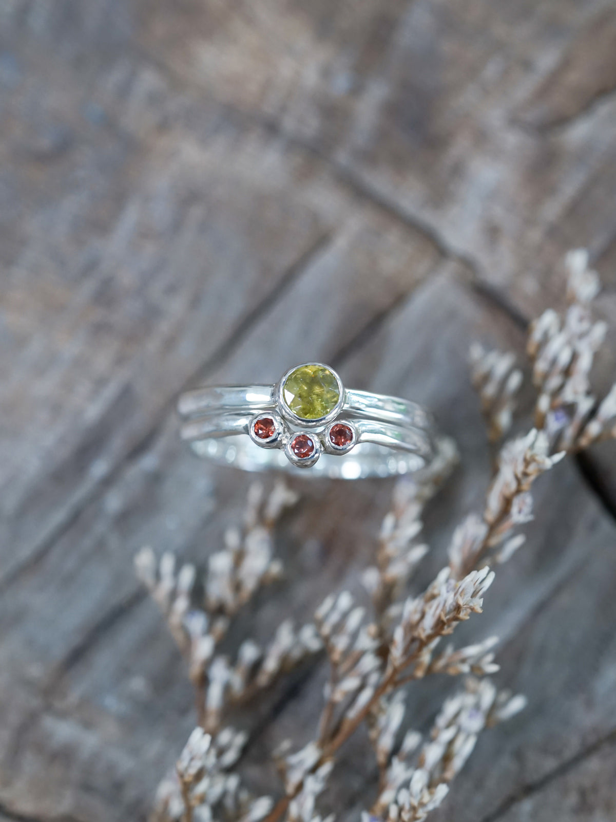 Sphene and Garnet Ring Set in sterling silver