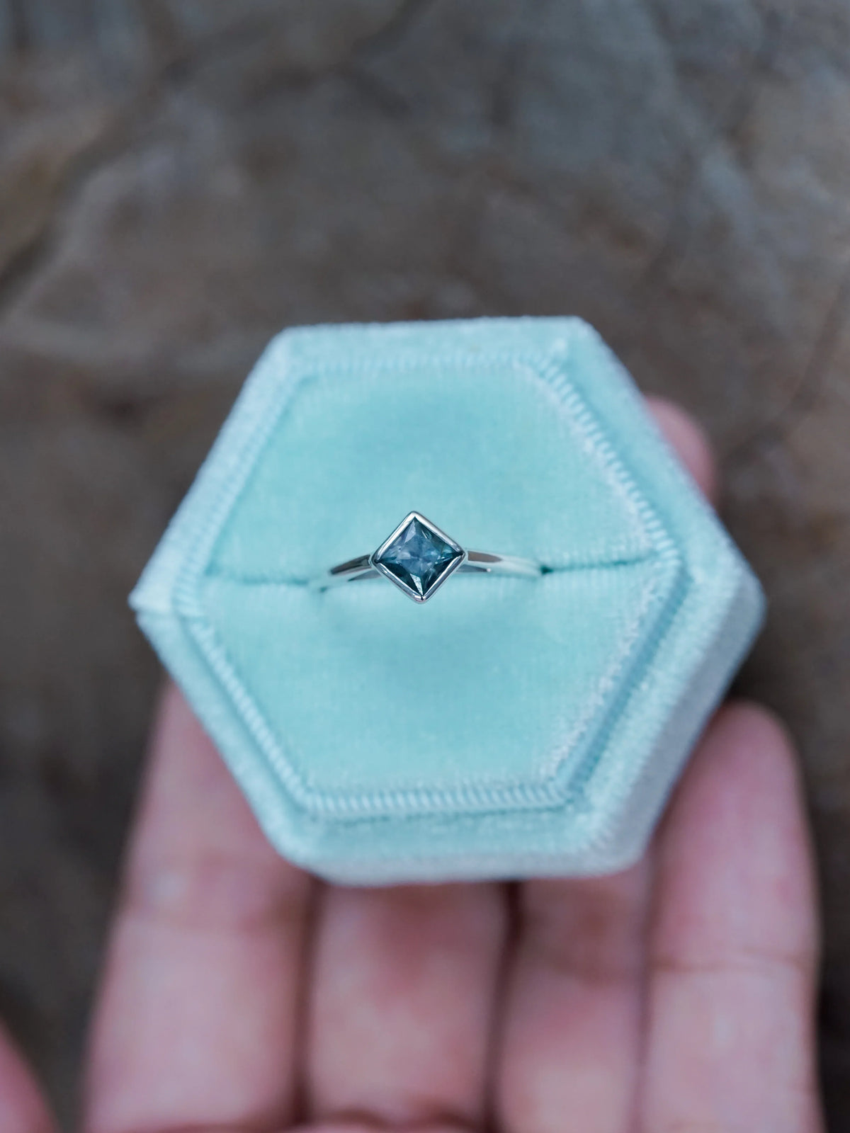 Square Blue Sapphire Engagement Ring in Recycled Sterling Silver