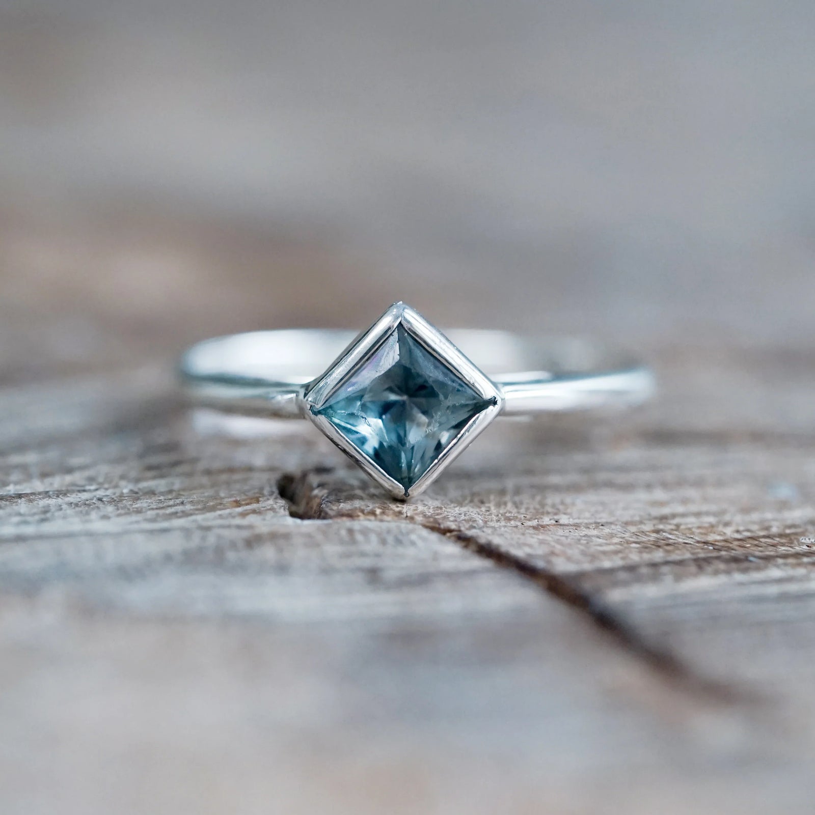 Square Blue Sapphire Ring in Sterling Silver
