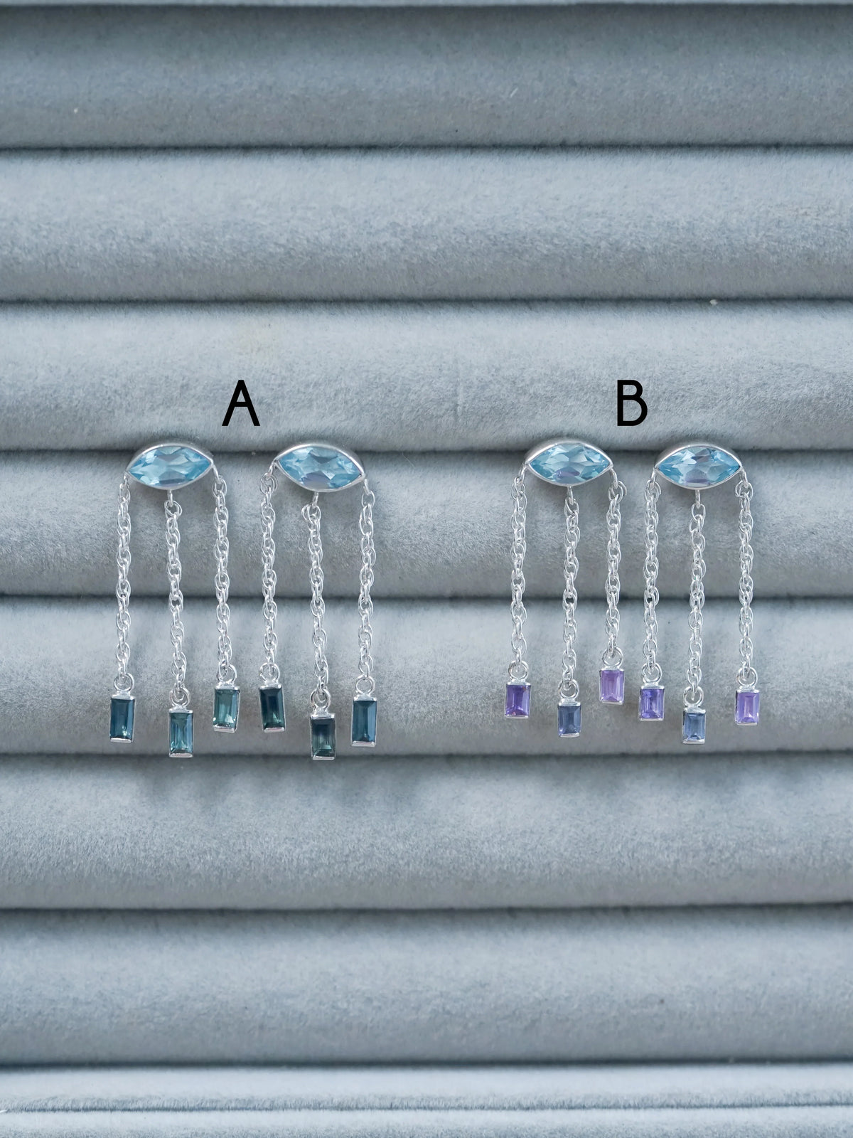 Sterling Silver Blue Topaz and Blue Sapphire Dangling Earrings