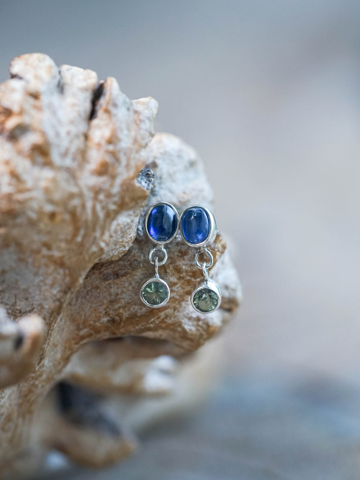 Sterling Silver Dangling Kyanite and Green Sapphire Stud Earrings