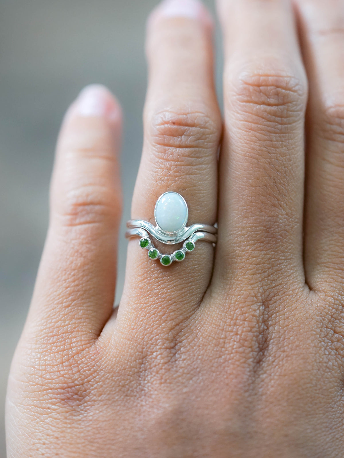 Sterling Silver Opal and Tsavorite Green Garnet Ring Set