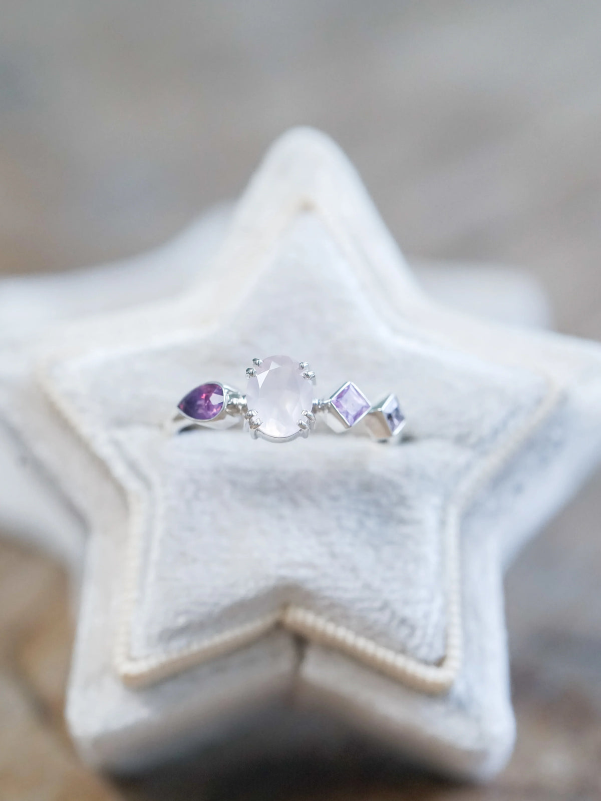 Sterling Silver Oval Rose Quartz and Sapphire Ring