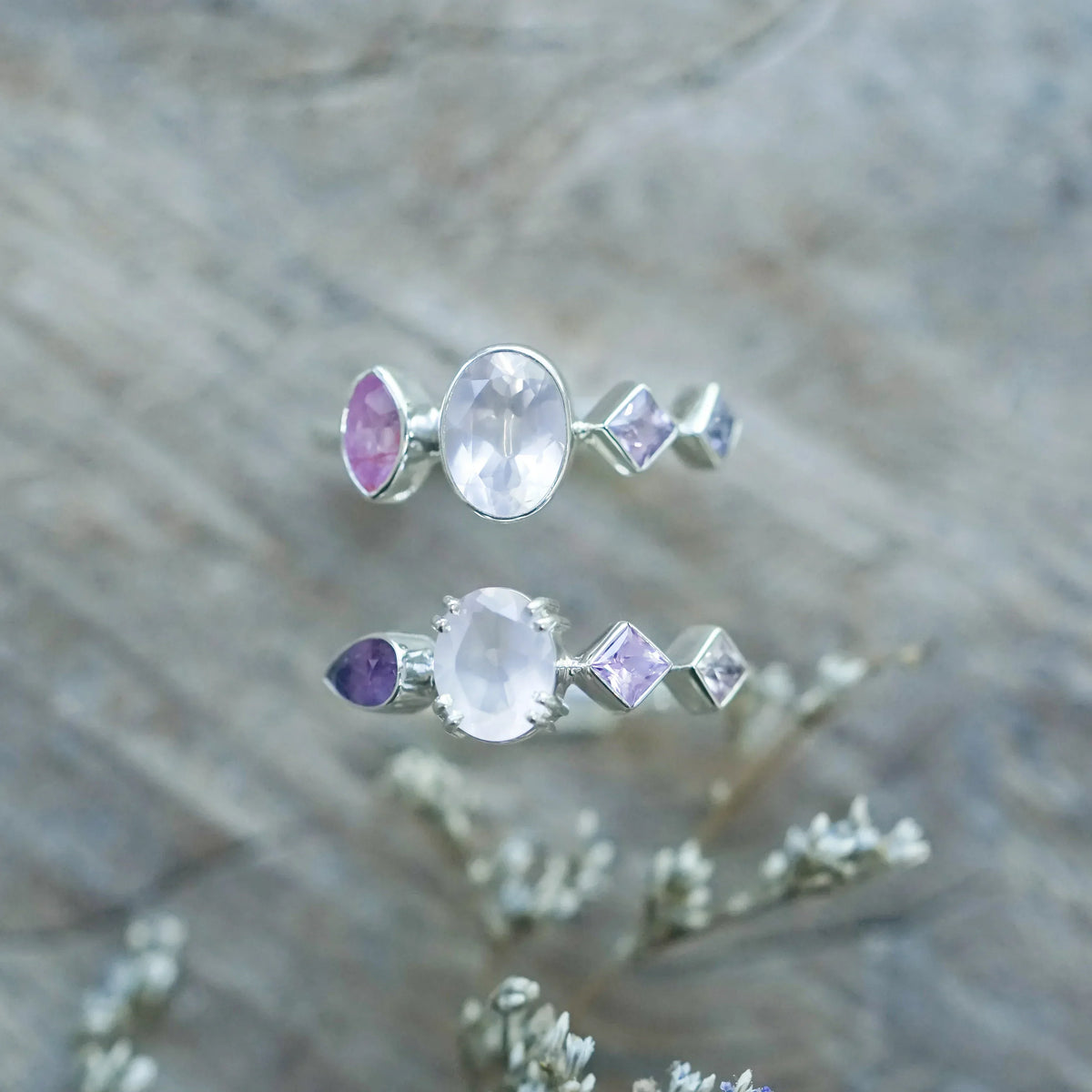 Sterling Silver Oval Rose Quartz and Sapphire Rings