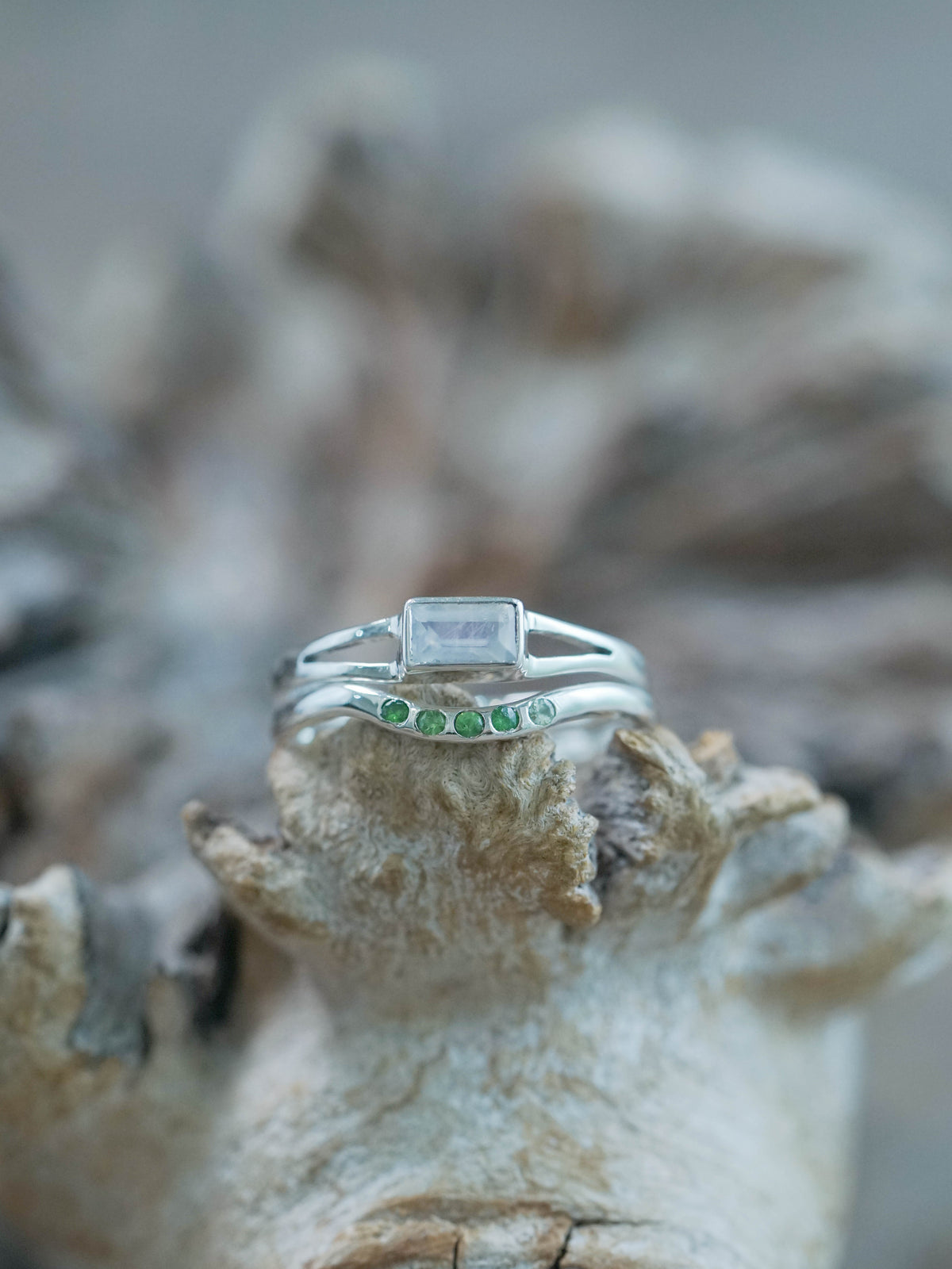Sterling Silver Powellite and Green Garnet Ring Set