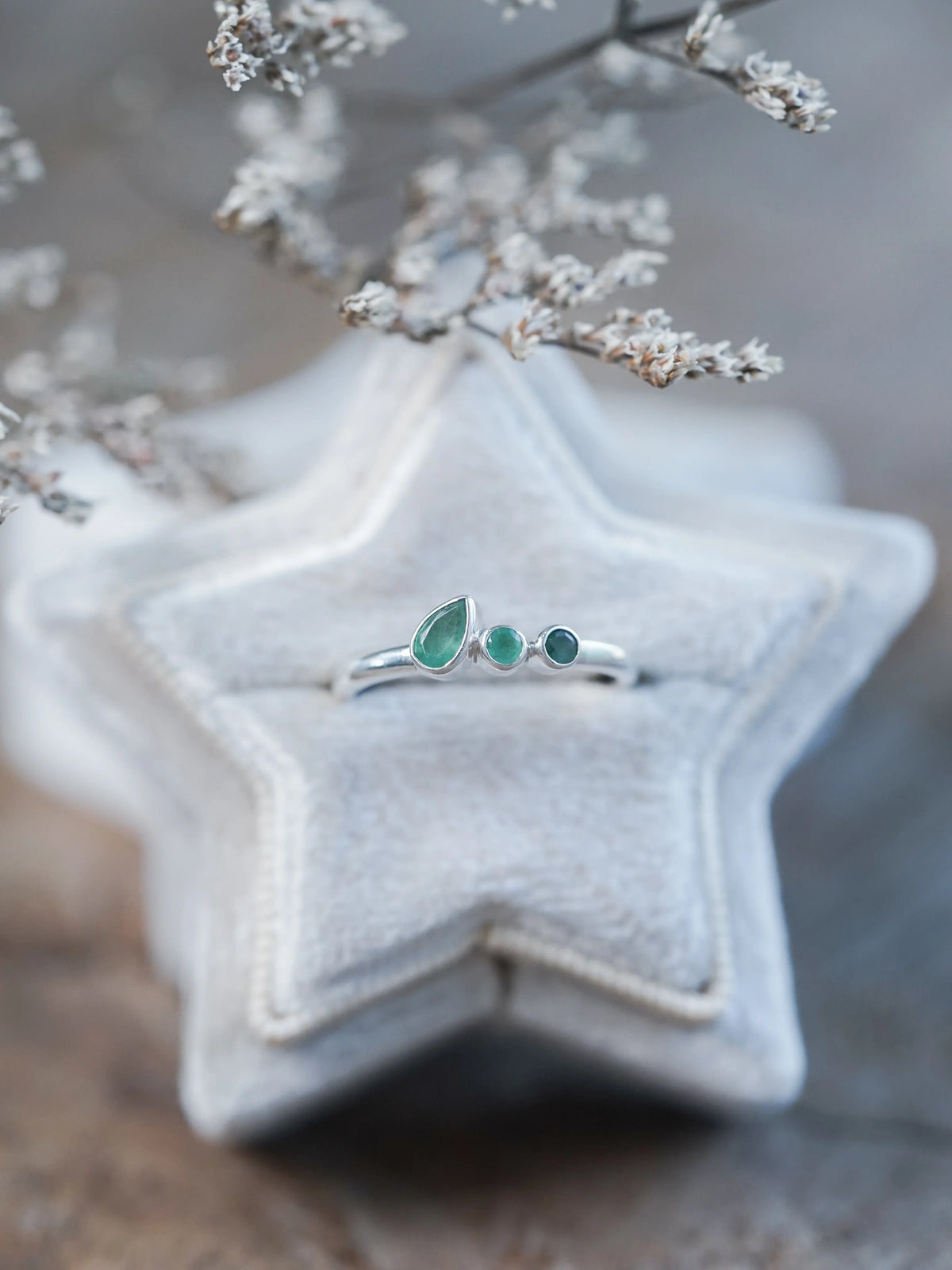 Sterling Silver Round and Pear Emerald Ring