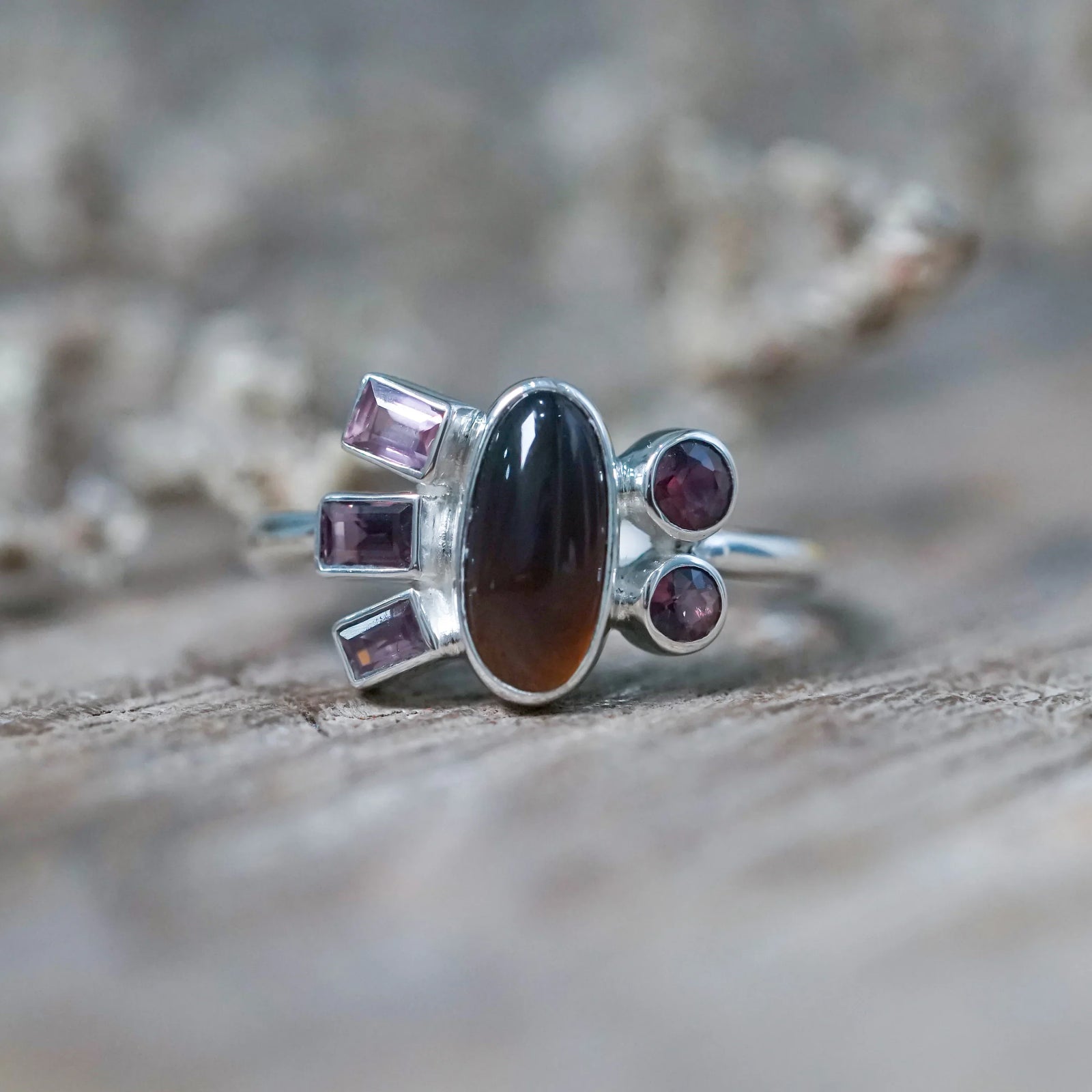 Sterling Silver Tea Opal and Sapphire Ring size 7.5