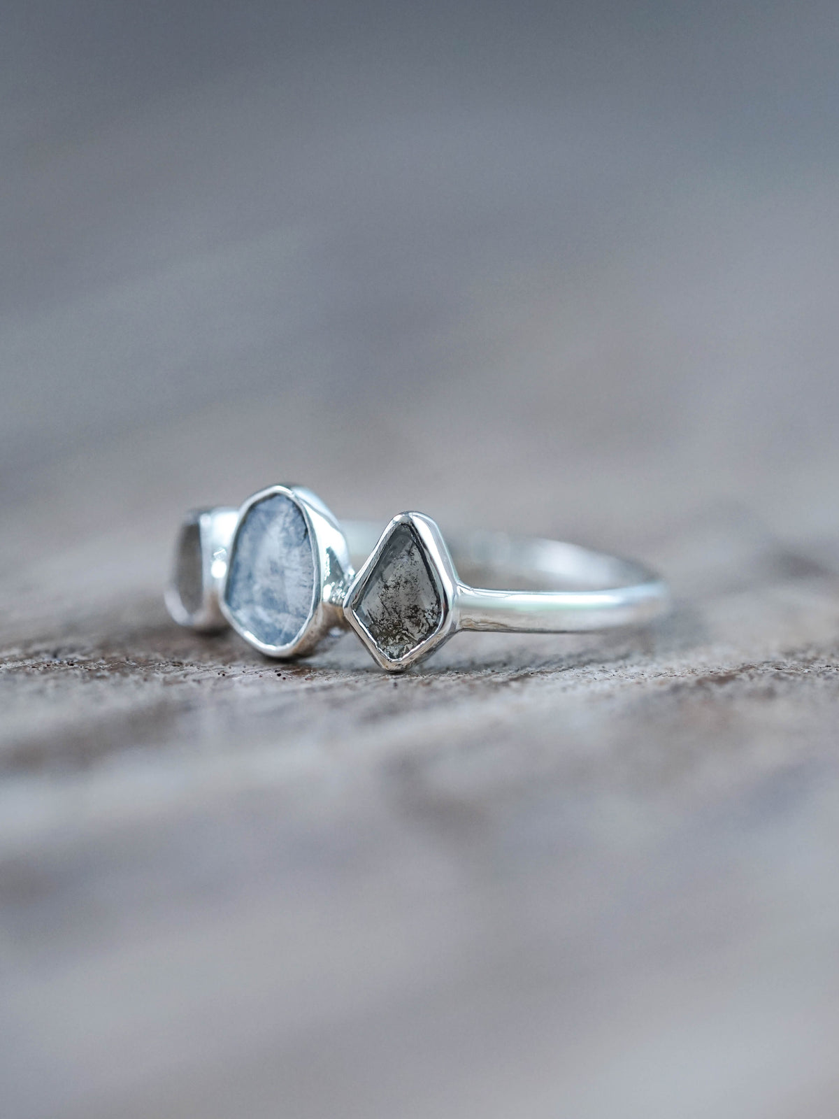 Sterling Silver Three Diamond Slice Engagement Ring