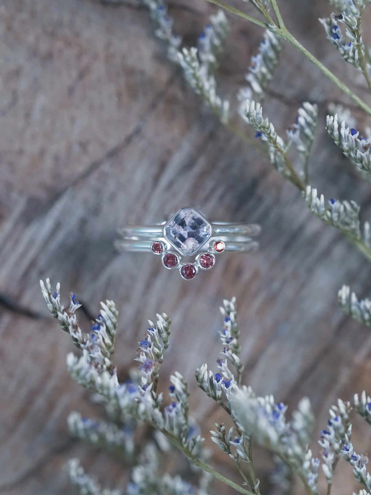 Stunning Montana Sapphire and Spinel Ring Set in recycled sterling silver
