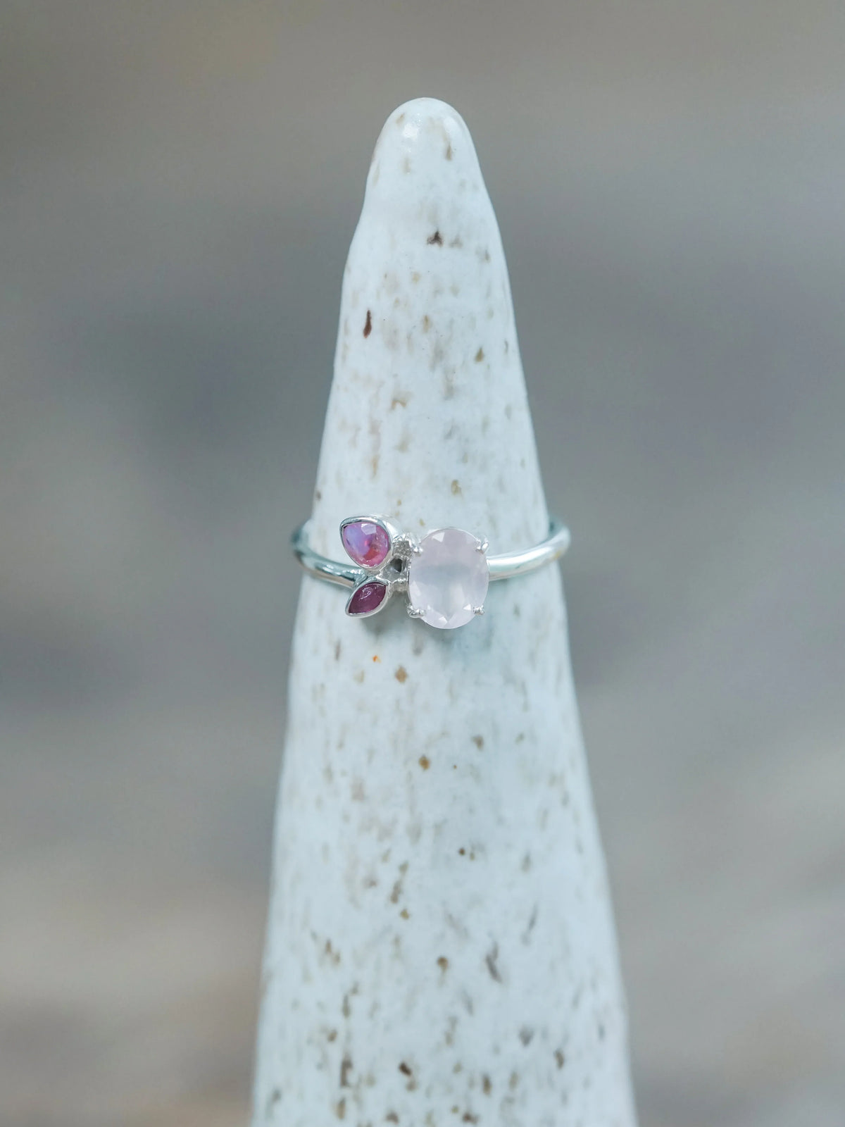 Sustainable Rose Quartz, Ruby, and Pink Sapphire Ring in Silver