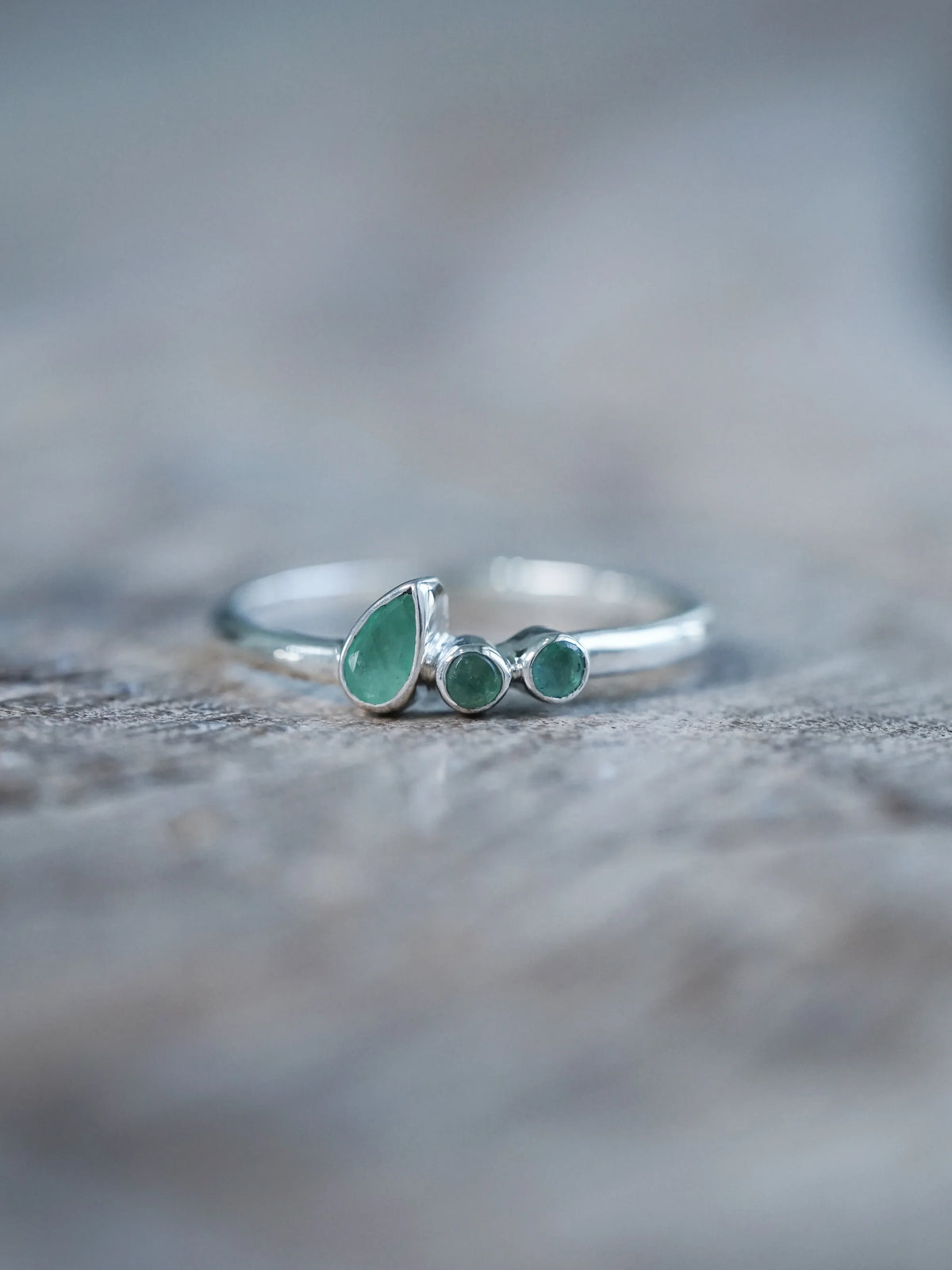 Sustainable Round and Pear Emerald Ring in Sterling Silver