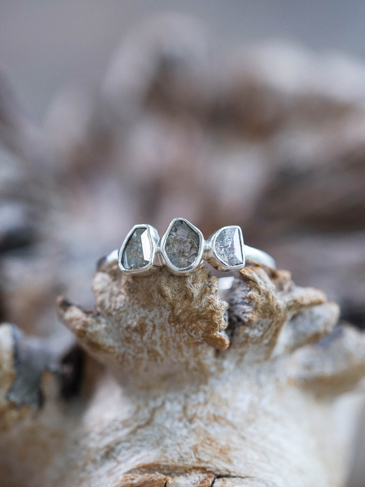 Three Diamond Slice Ring in recycled sterling silver
