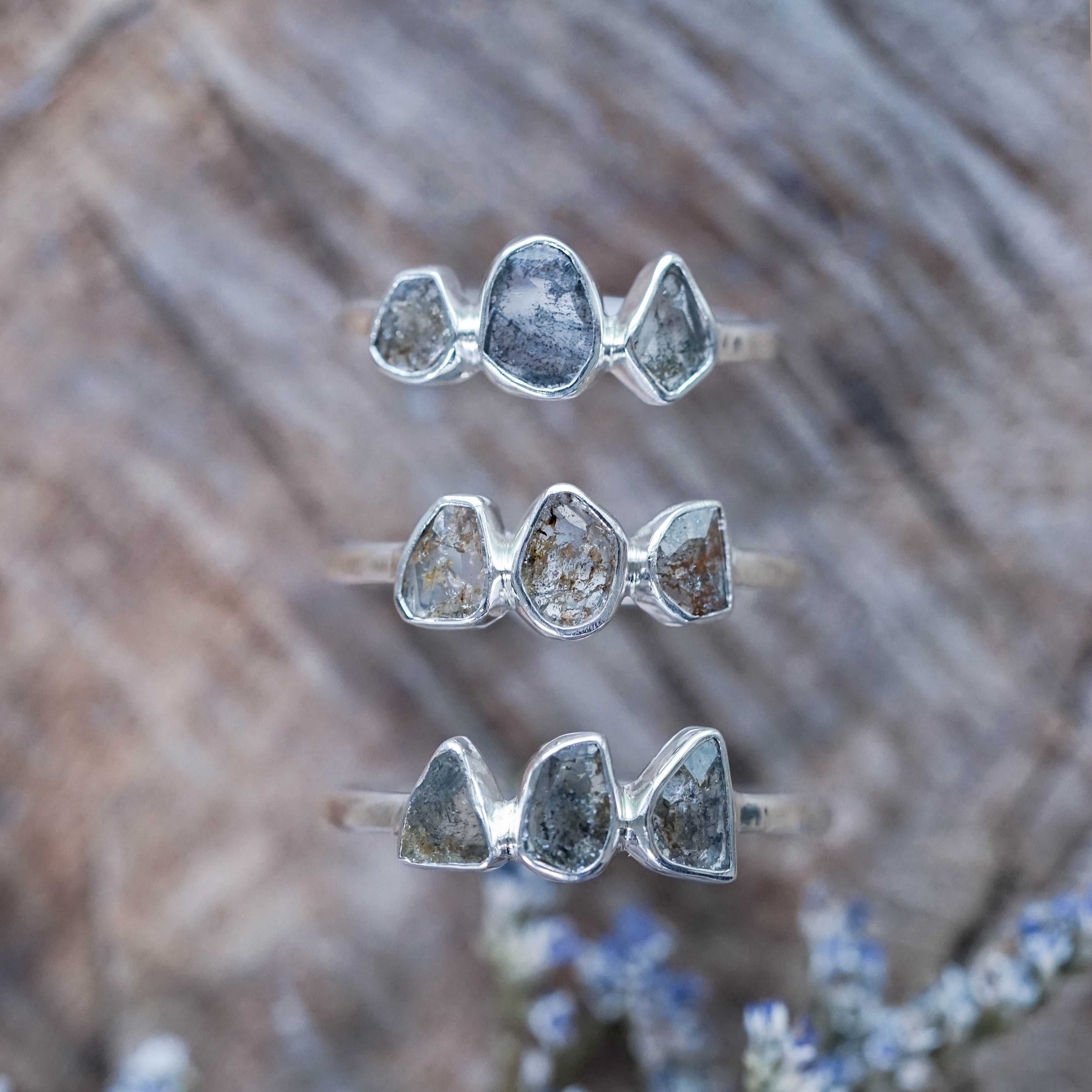 Sterling Silver Three Diamond Slice Ring Gardens of the Sun