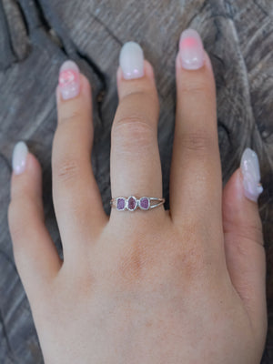 Three Stone Purple Raw Sapphire Ring