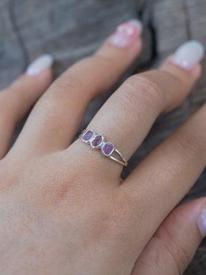 Three Stone Raw Purple Sapphire Ring