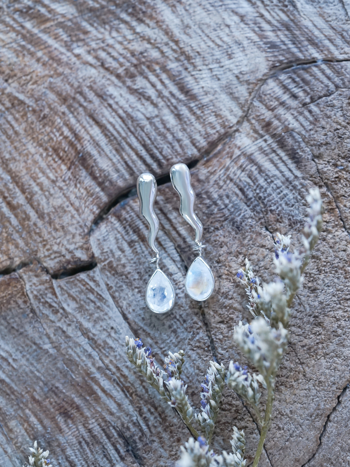 Thunderbolt Moonstone Dangle Earrings in recycled sterling silver