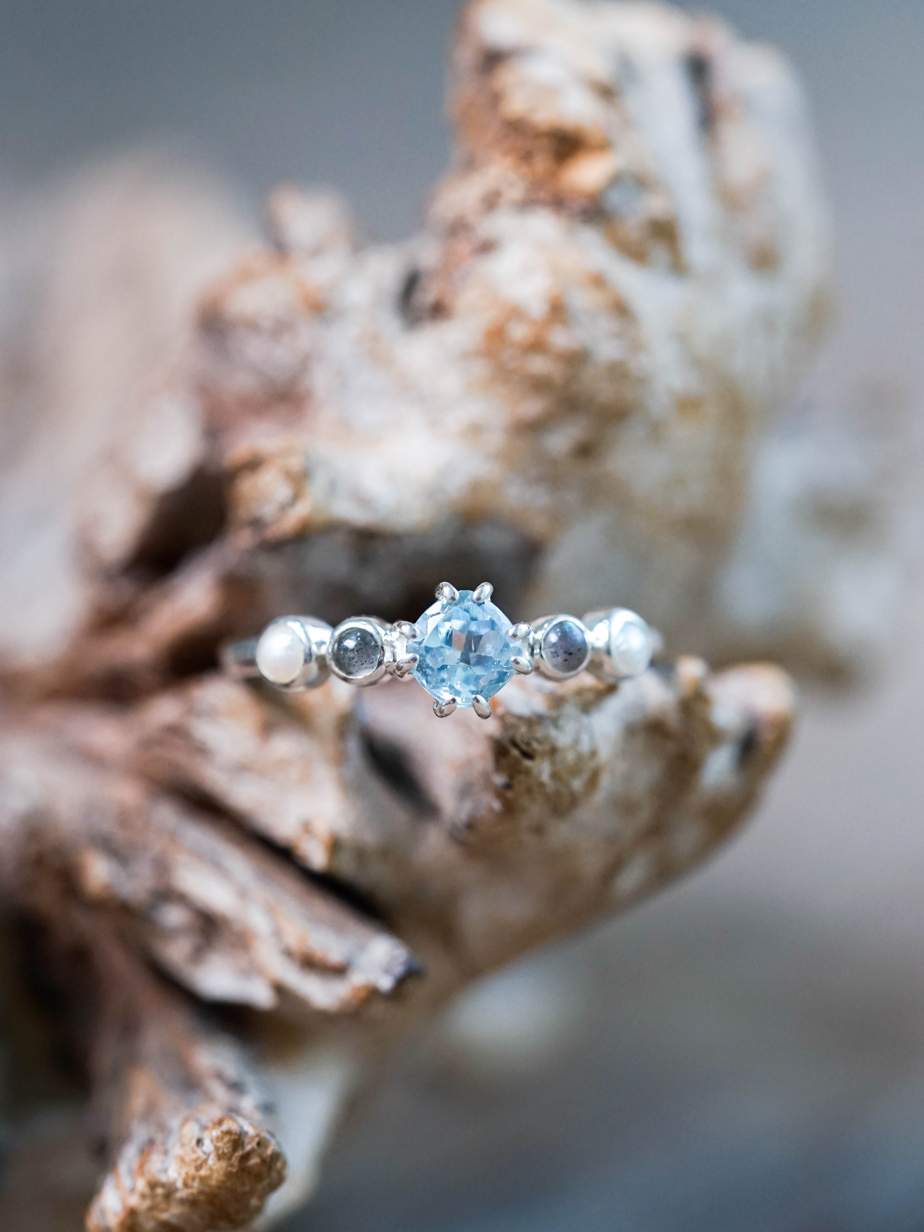 Topaz, Labradorite and Pearl Ring in Sterling Silver - Gardens of