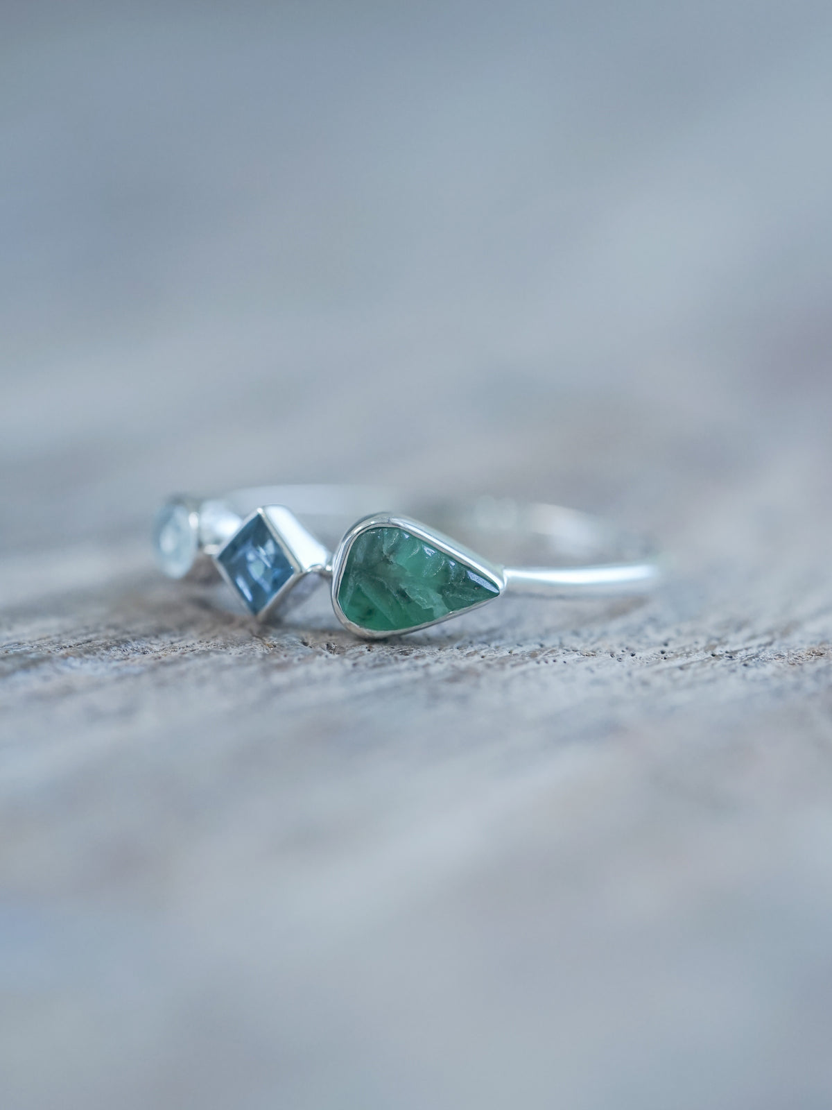 Topaz and Emerald Leaf Ring in recycled sterling silver