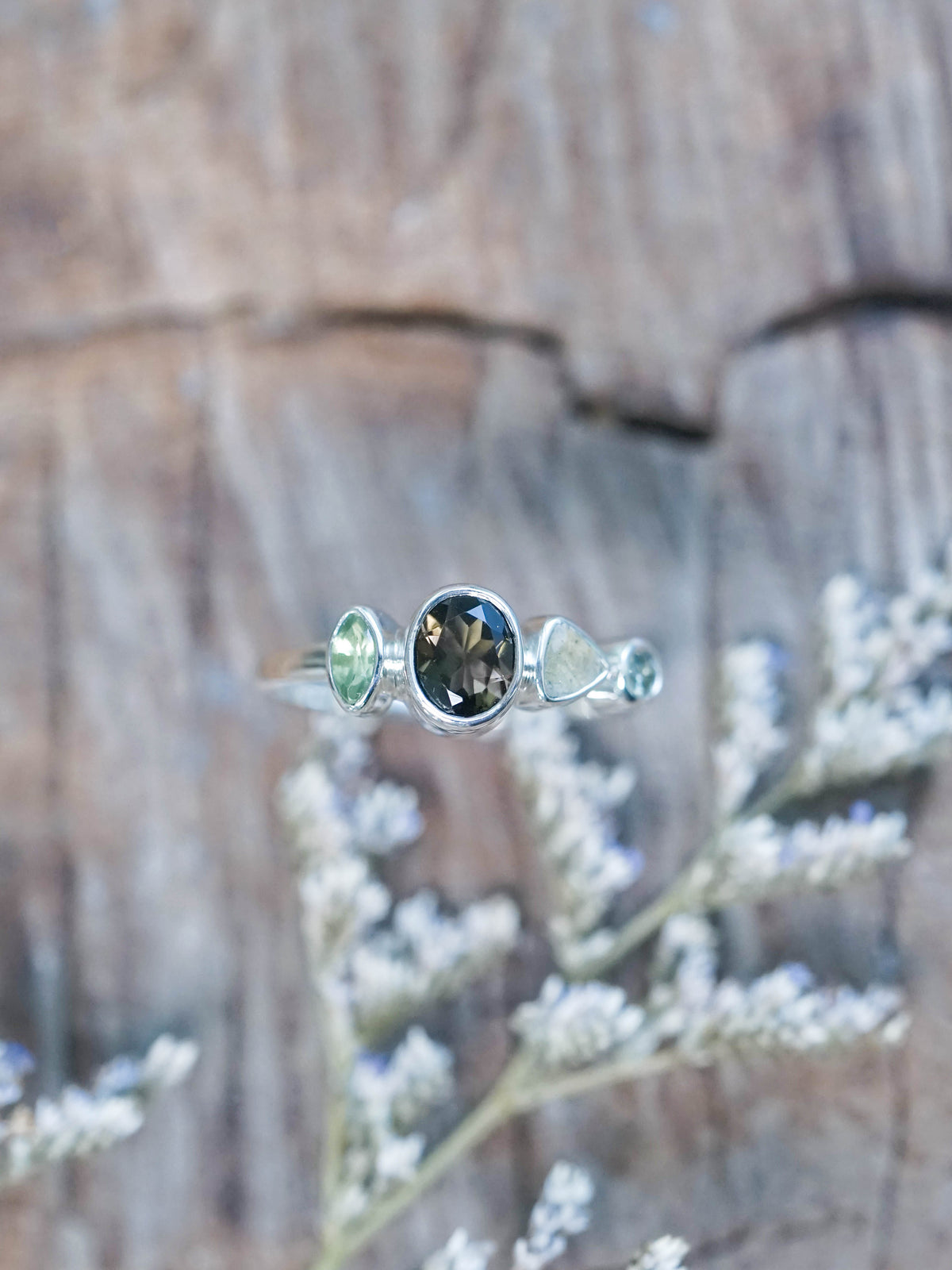 Tourmaline, Labradorite and Sapphire Ring Sterling Silver