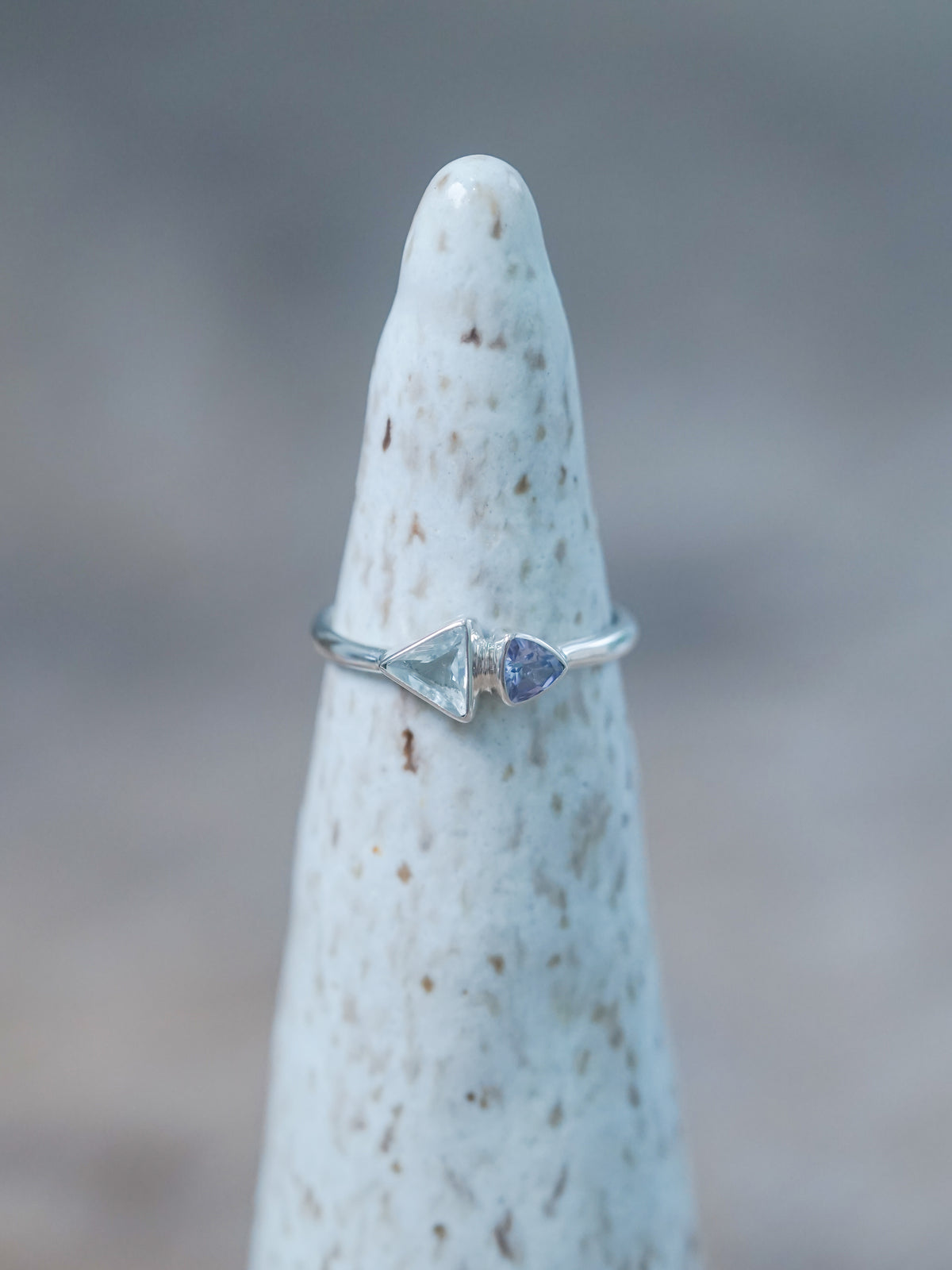 Triangle Aquamarine and Tanzanite Ring