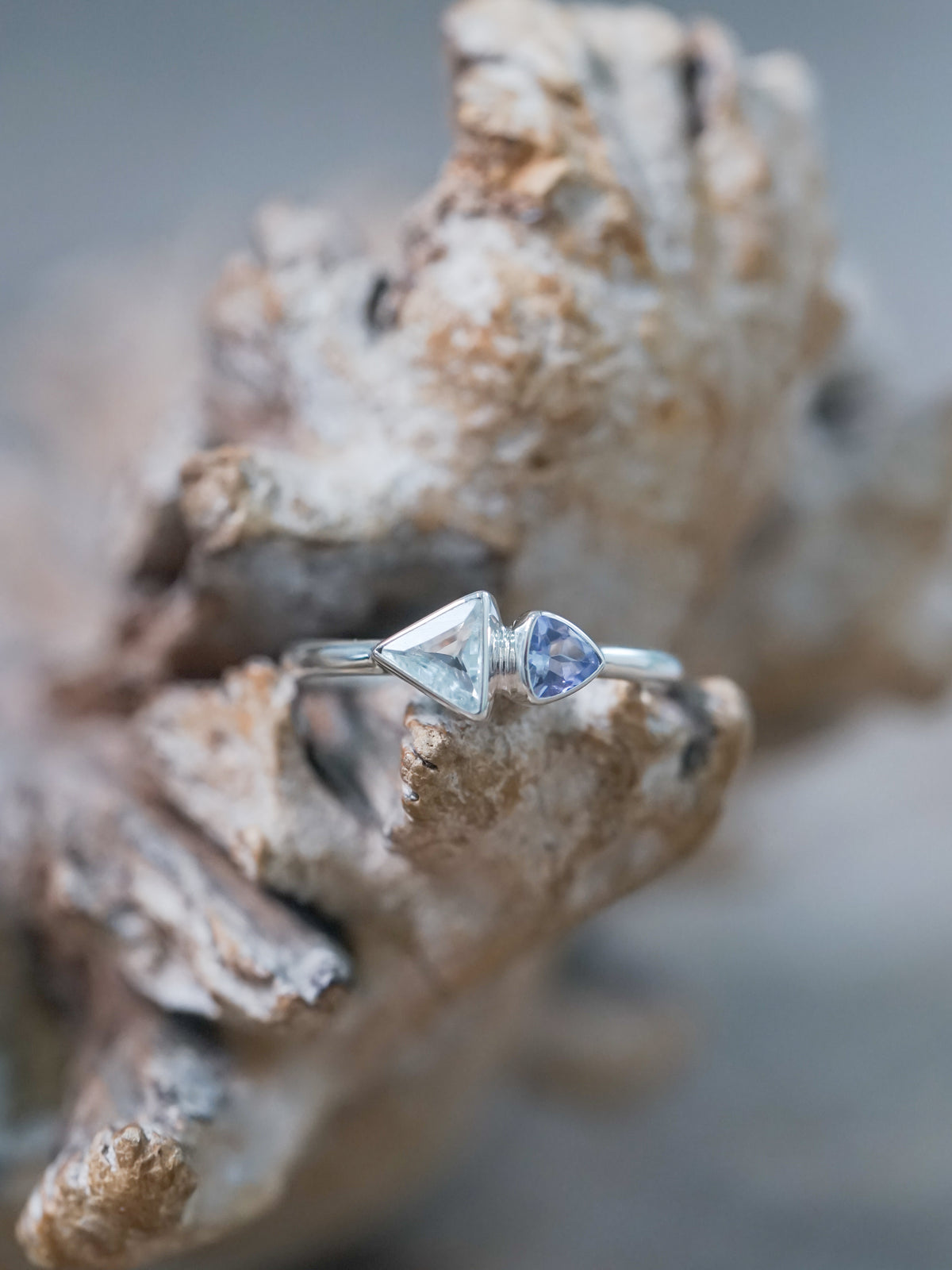Triangle Aquamarine and Tanzanite Ring