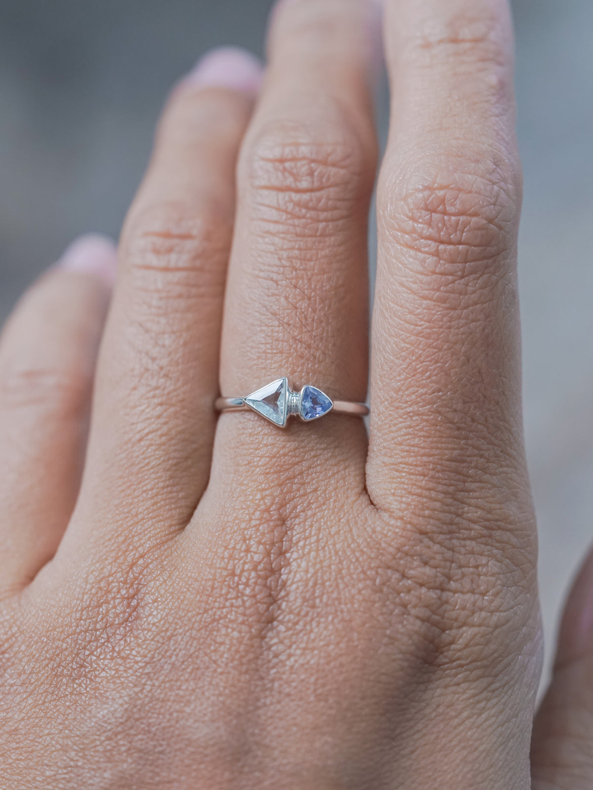 Triangle Aquamarine and Tanzanite Ring