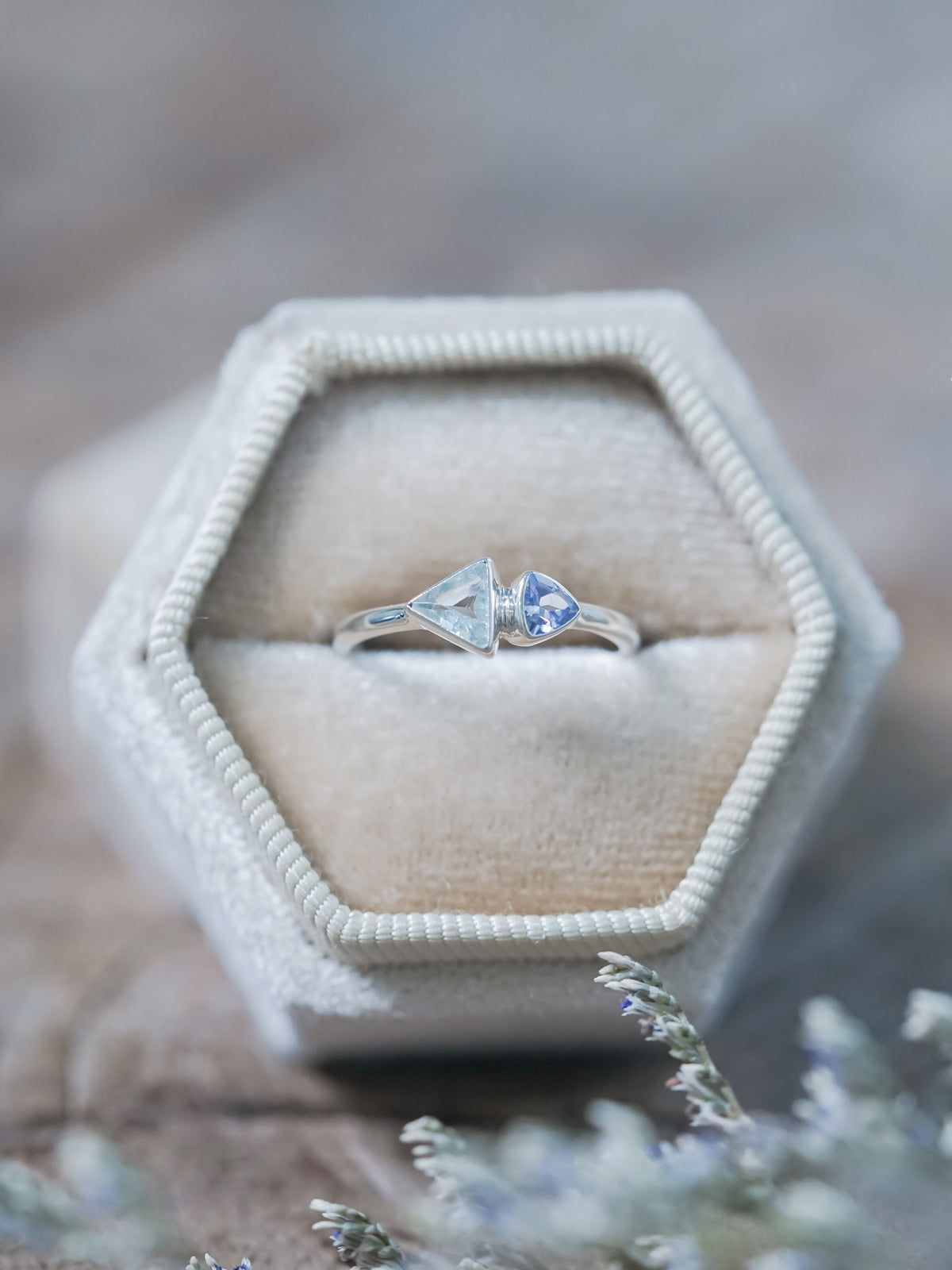 Triangle Aquamarine and Tanzanite Ring in recycled sterling silver