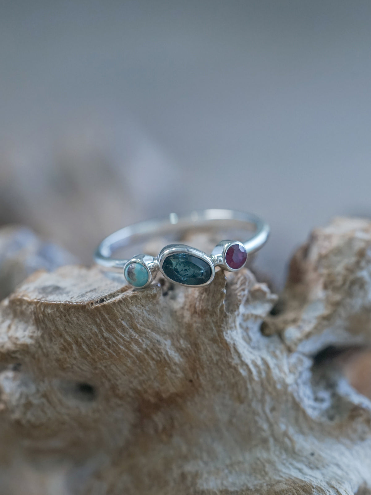Turquoise, Tourmaline and Ruby Ring in recycled sterling silver