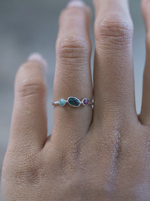 Turquoise, Tourmaline and Ruby Ring in sterling silver