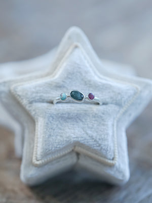 Turquoise, Tourmaline and Ruby Ring in velvet box