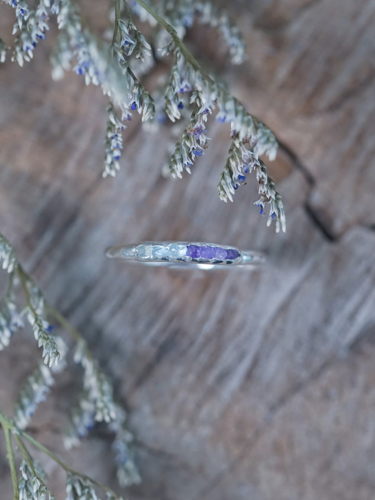 Unique Aquamarine and Amethyst Ring with Hidden Gems in recycled sterling silver