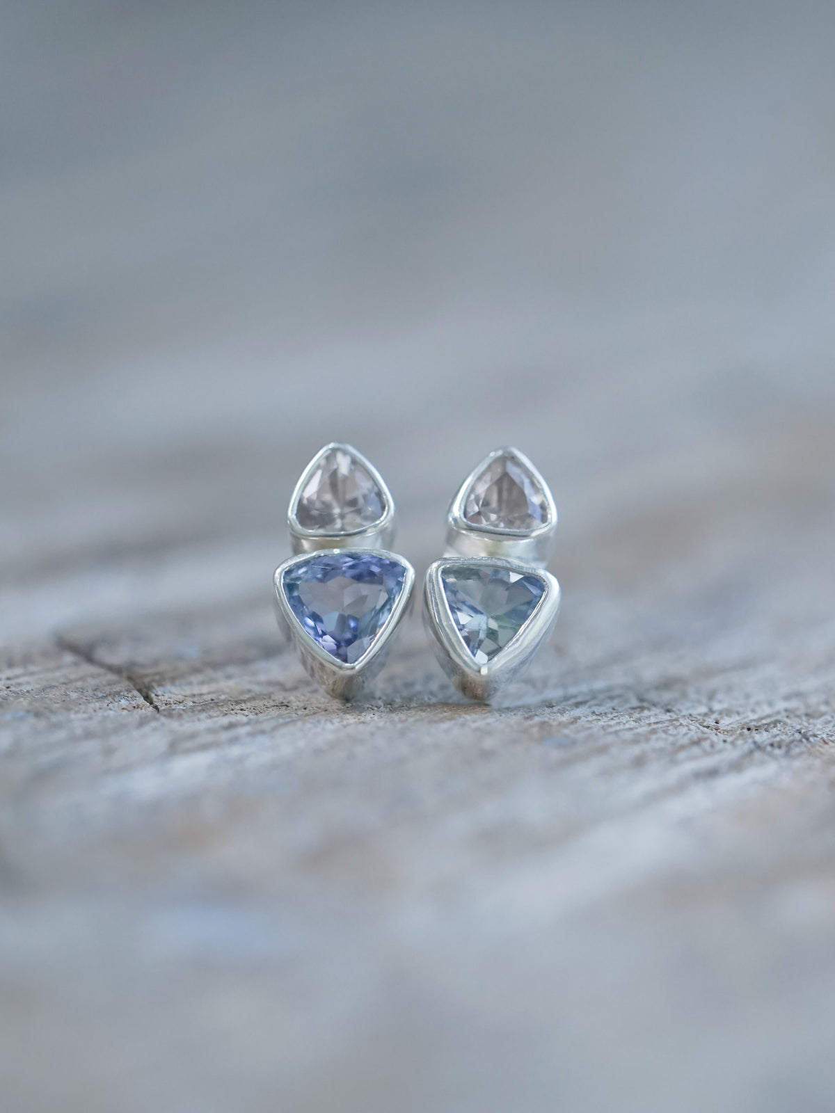 Unique Morganite and Tanzanite Stud Earrings in sterling silver