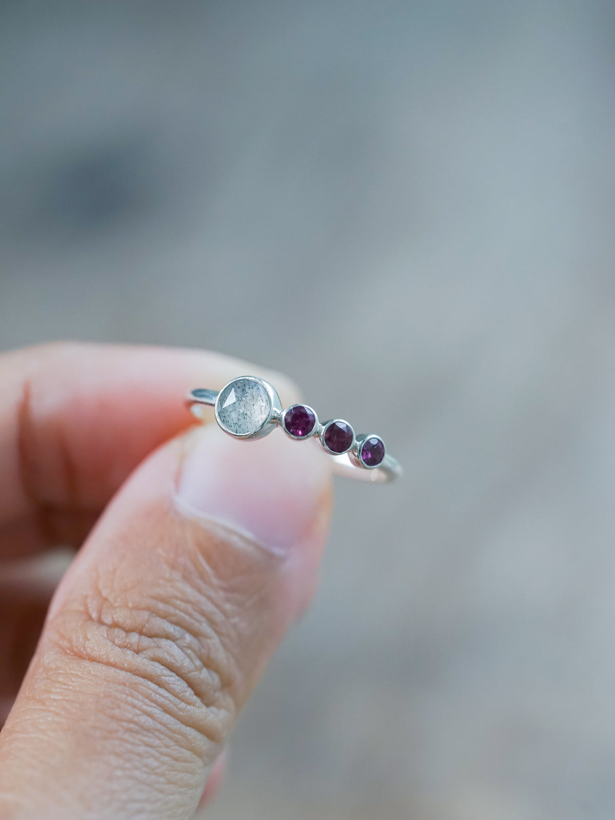 Unique Rose Cut Labradorite and Garnet Ring in recycled sterling silver
