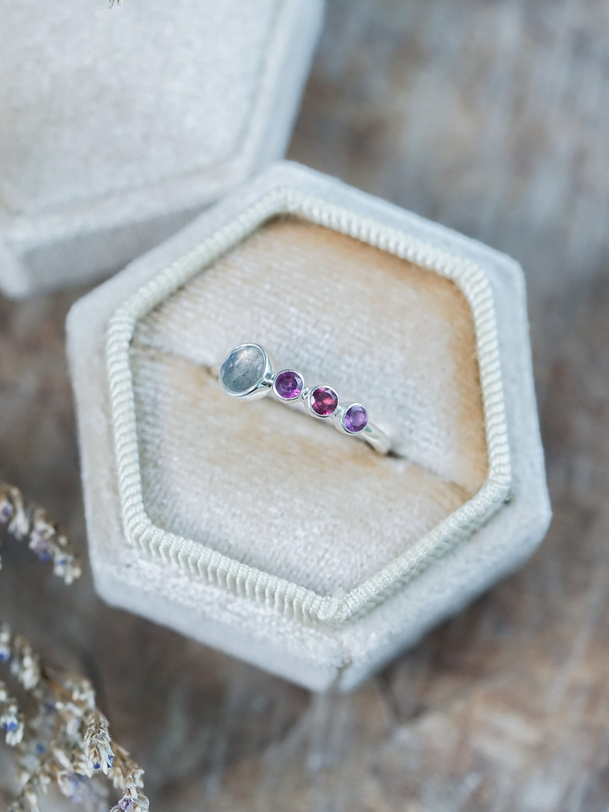 Unique Rose Cut Labradorite and Garnet Ring in velvet box