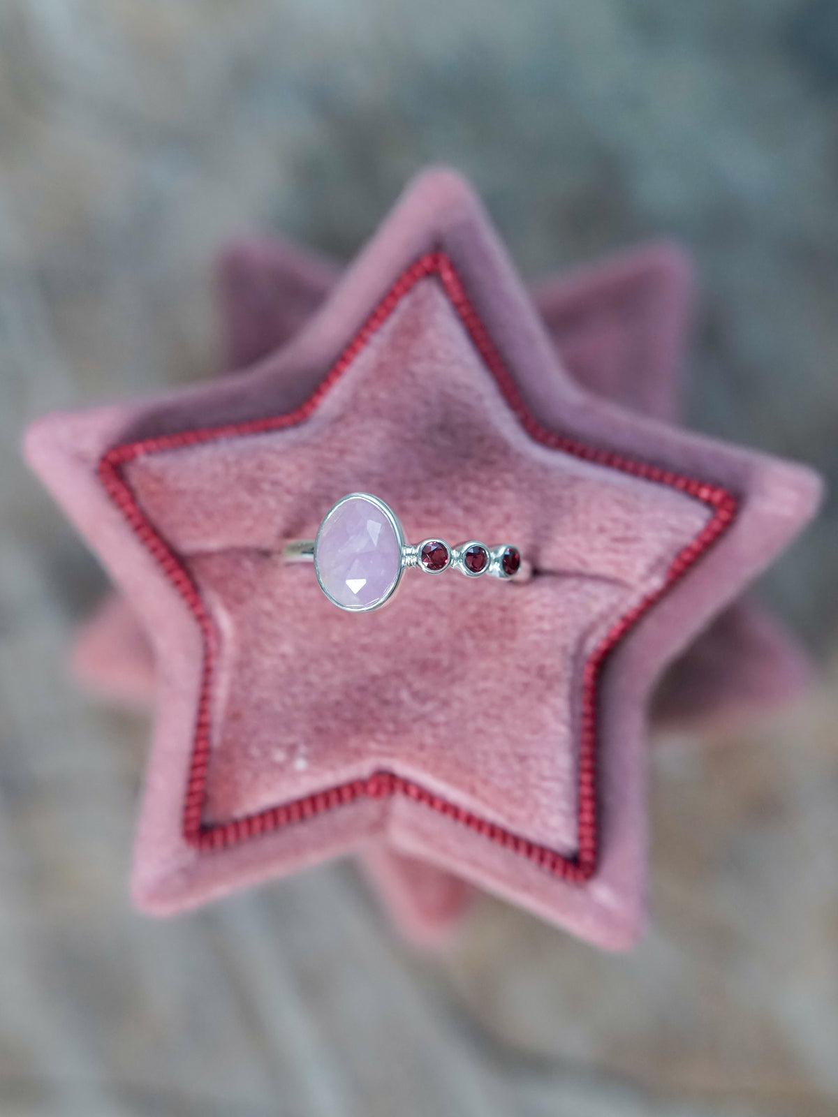 Unique Rose Cut Sapphire and Garnet Ring in velvet box