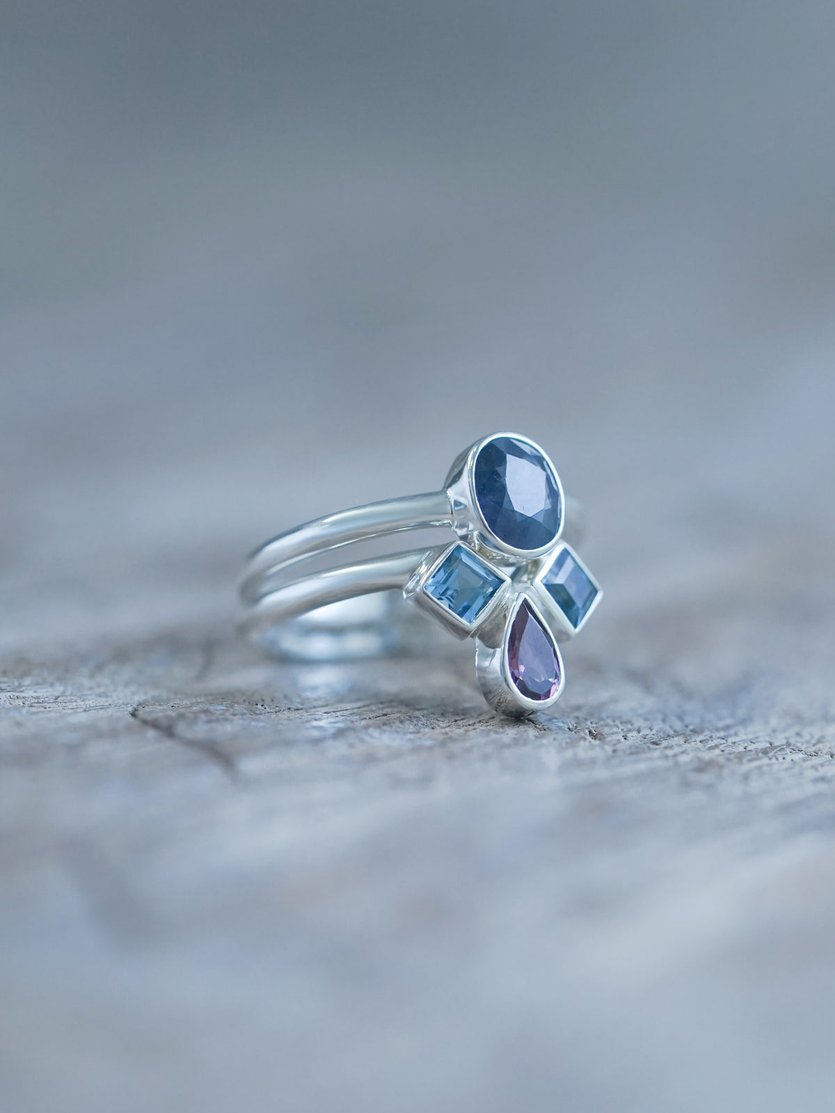 Unique Sapphire, Topaz and Garnet Ring Set in recycled sterling silver