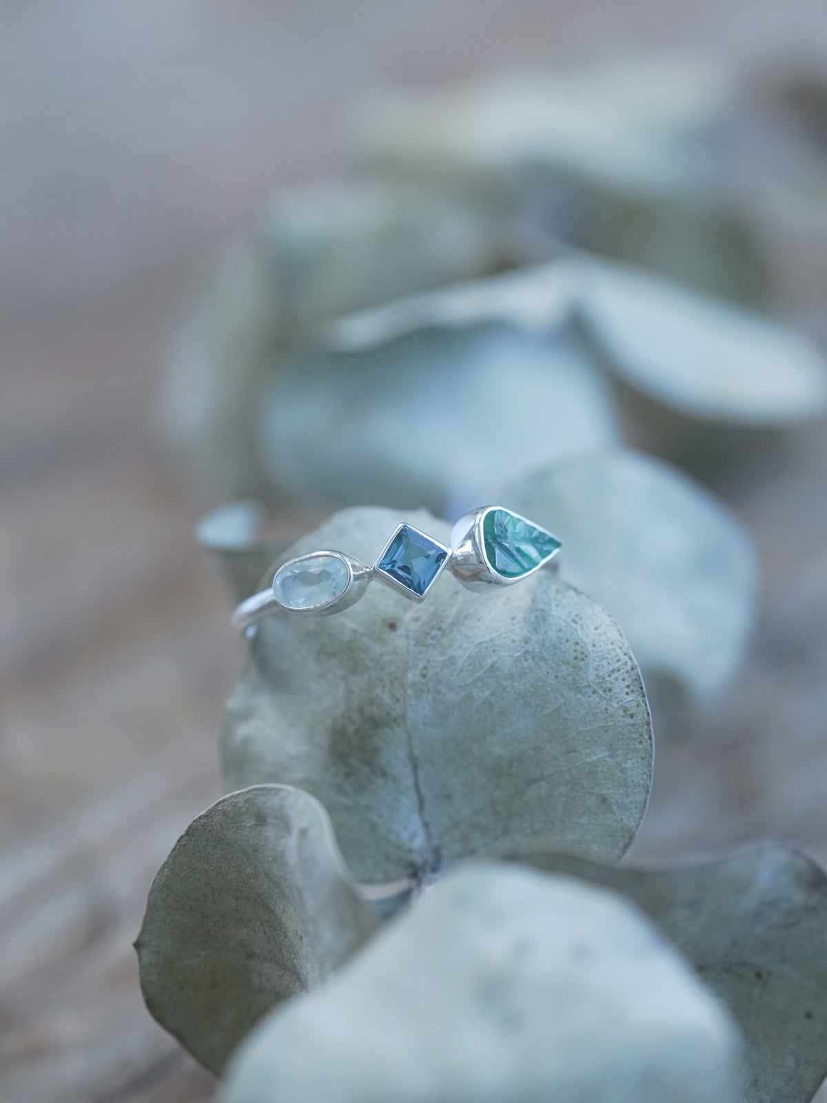 Unique Topaz and Emerald Leaf Ring in sterling silver