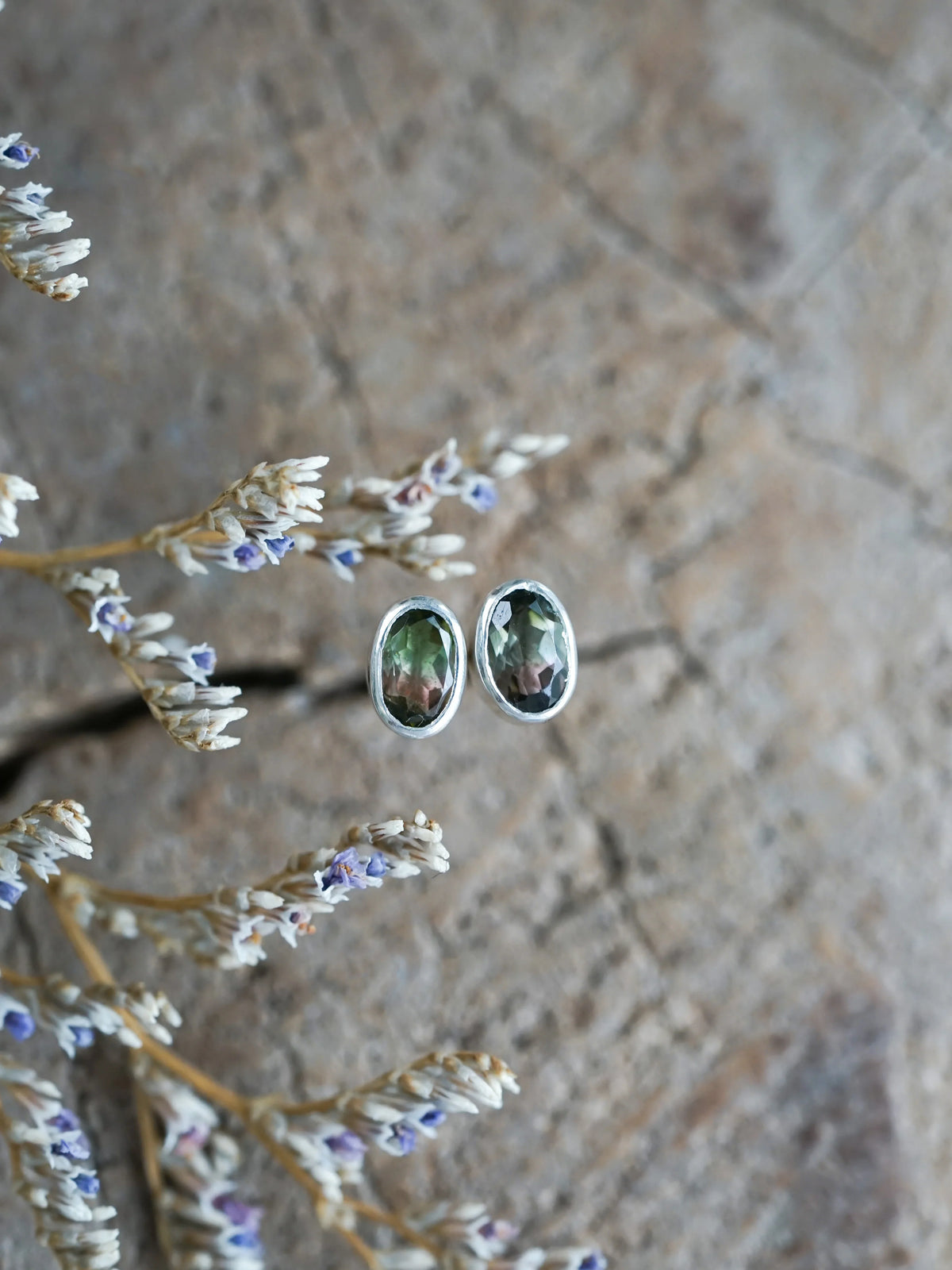 Watermelon Tourmaline Stud Earrings in Recycled Sterling Silver