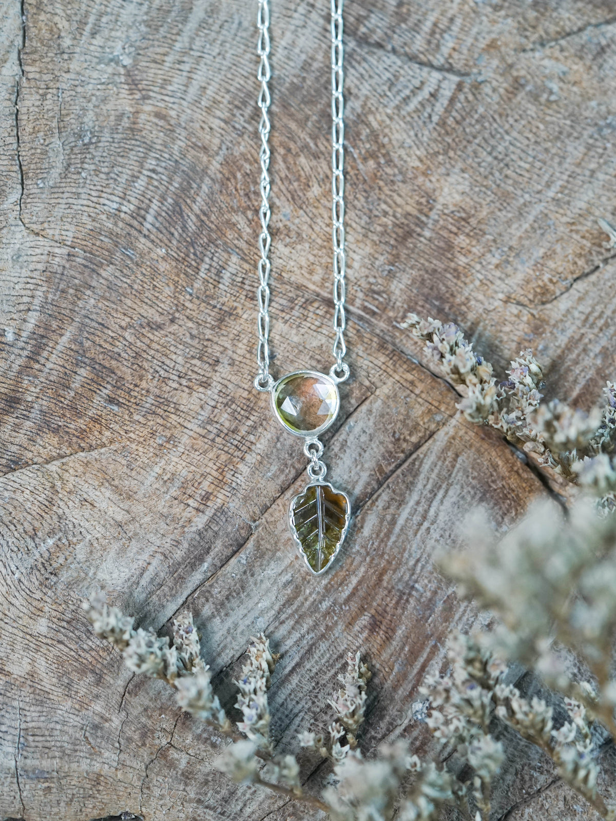 Watermelon Tourmaline and Leaf Necklace in silver