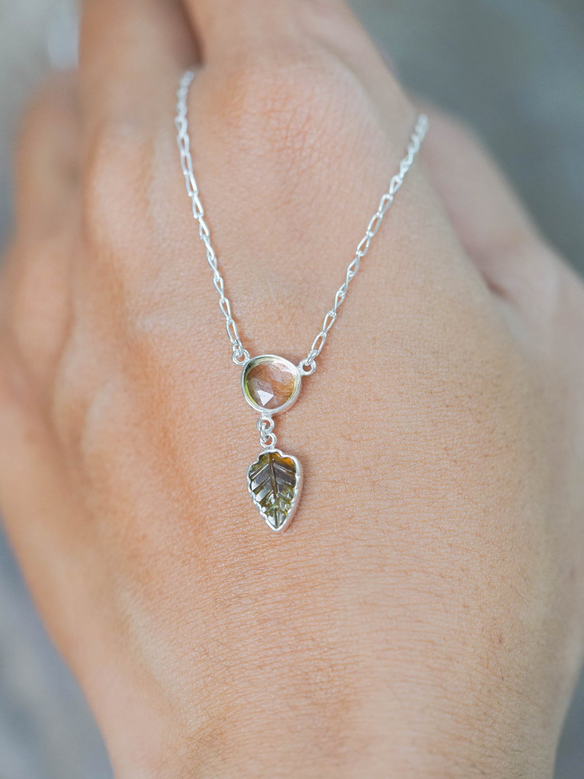 Watermelon Tourmaline and Leaf Necklace in sterling silver