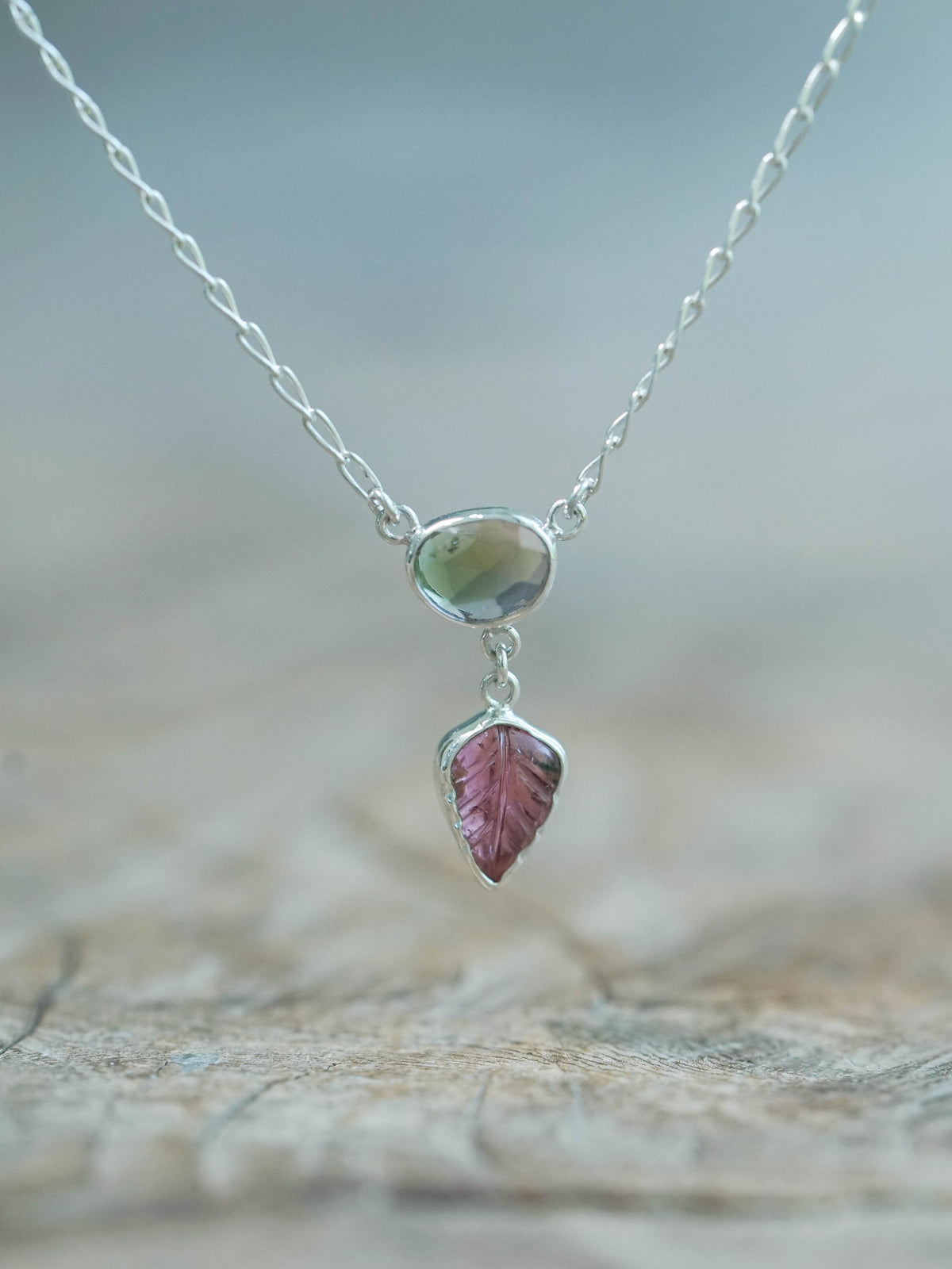 Watermelon and Leaf Tourmaline Necklace in silver