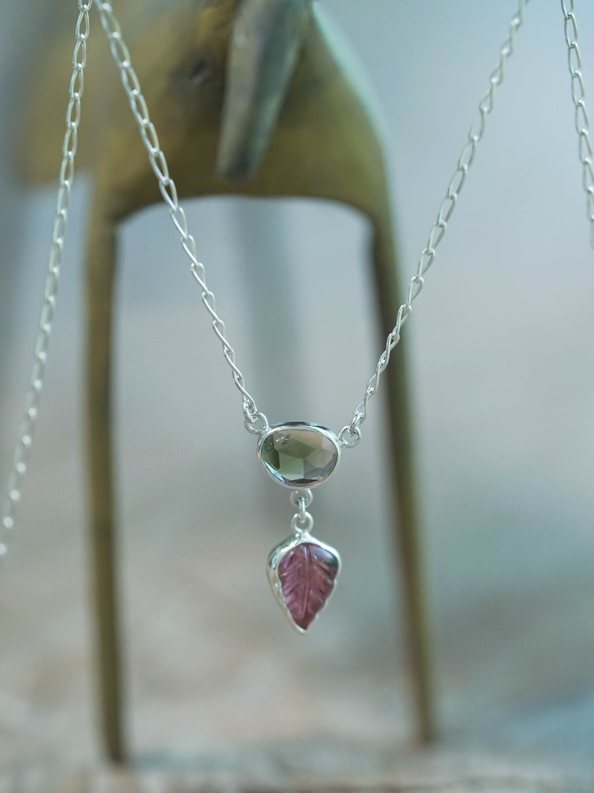 Watermelon and Leaf Tourmaline Necklace in sterling silver
