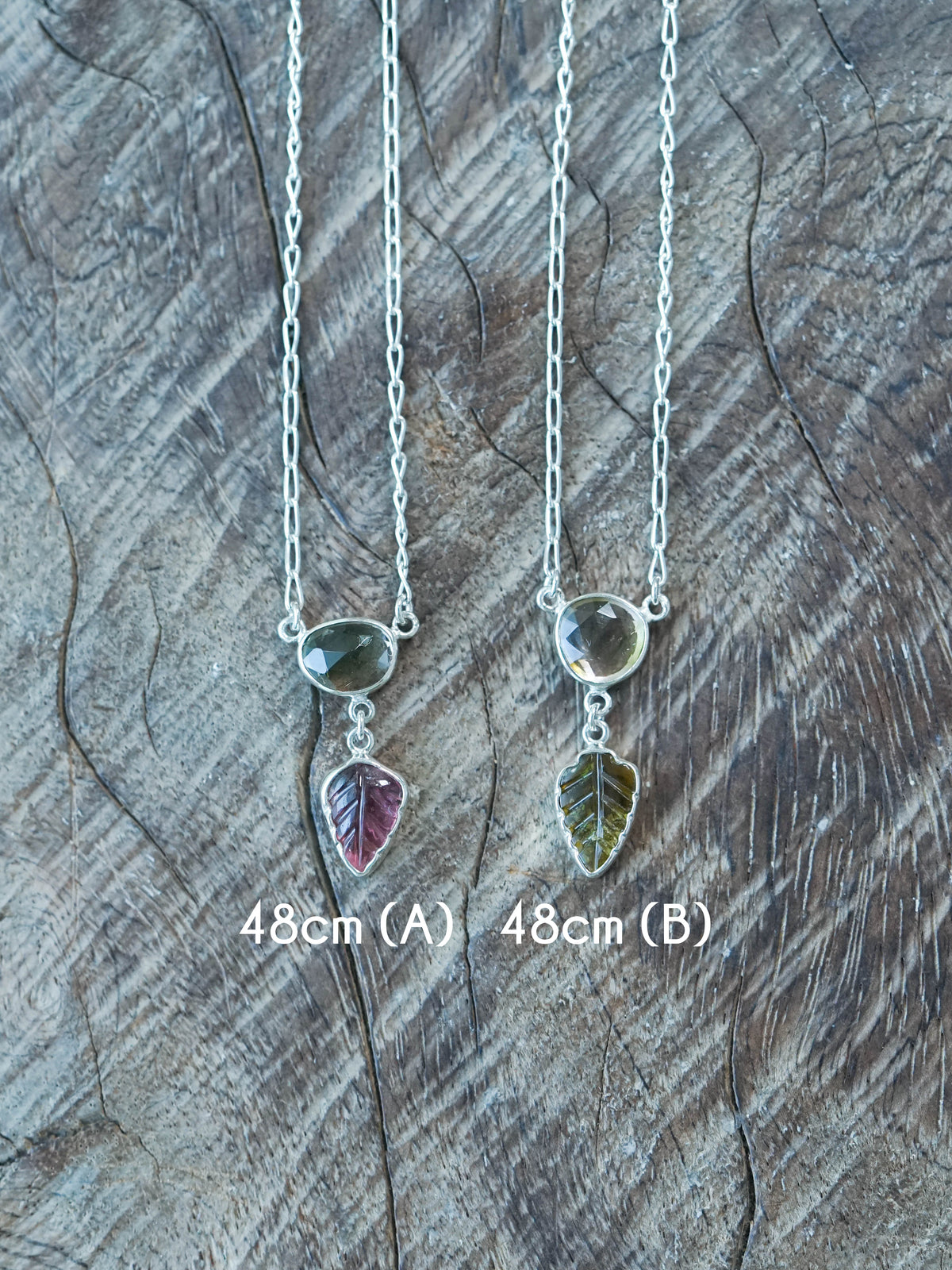 Watermelon and Leaf Tourmaline Necklaces in recycled sterling silver