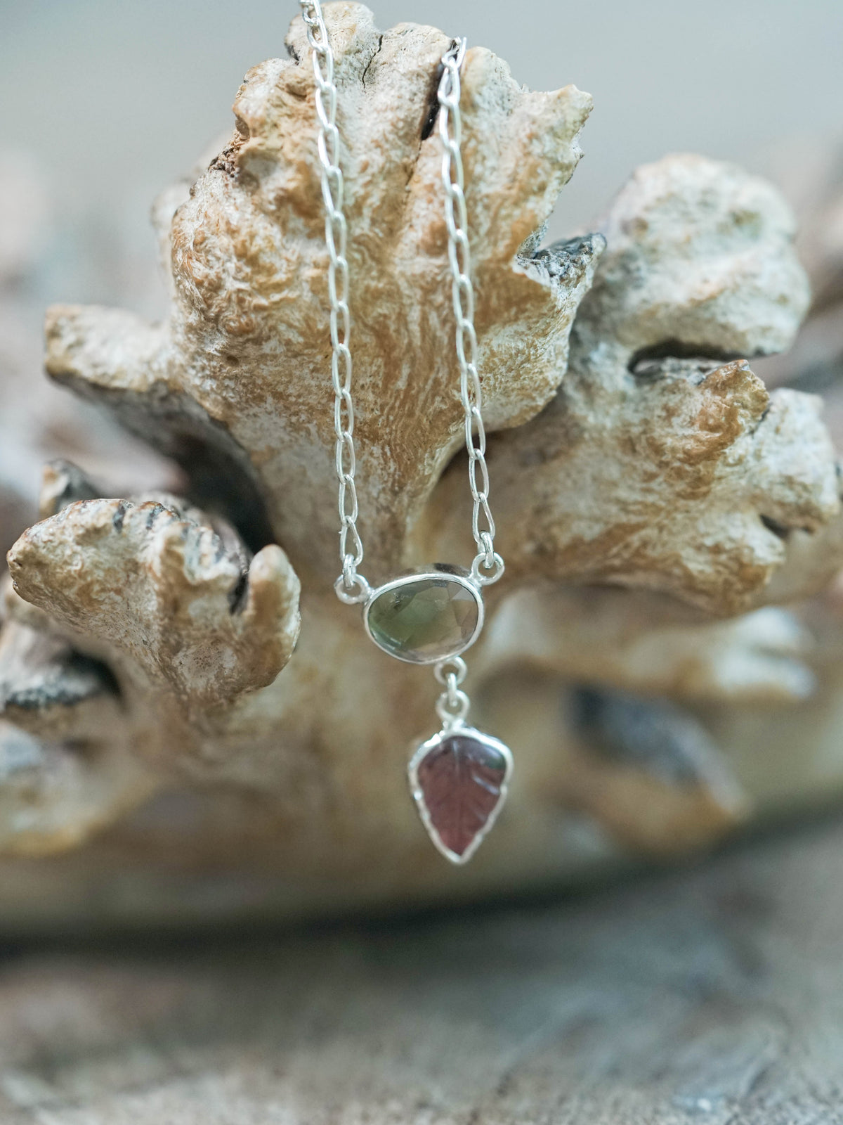 Watermelon and Tourmaline Leaf Necklace