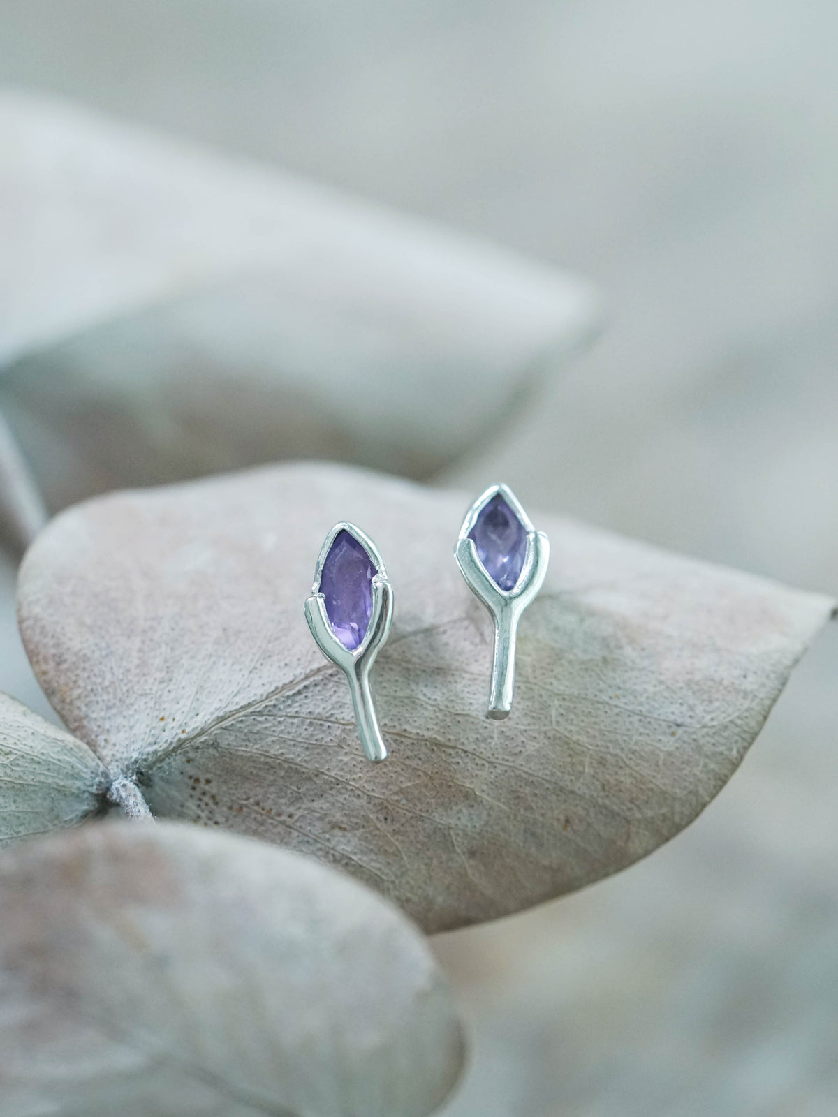 Wishing Bone Amethyst Stud Earrings in Recycled Sterling Silver