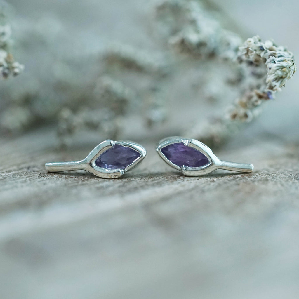 Wishing Bone Amethyst Stud Earrings in Silver